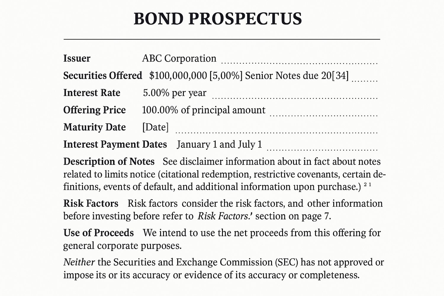 a sample of a basic bond prospectus document