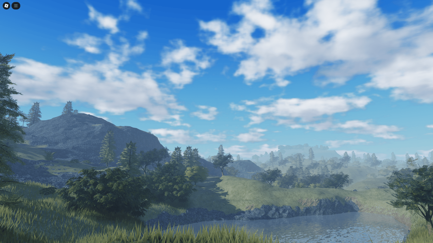 Flowing river and PBR waterfall in Roblox landscape