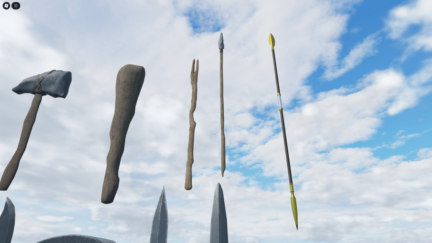Stone, wood, and metal weapons in Roblox for survival games
