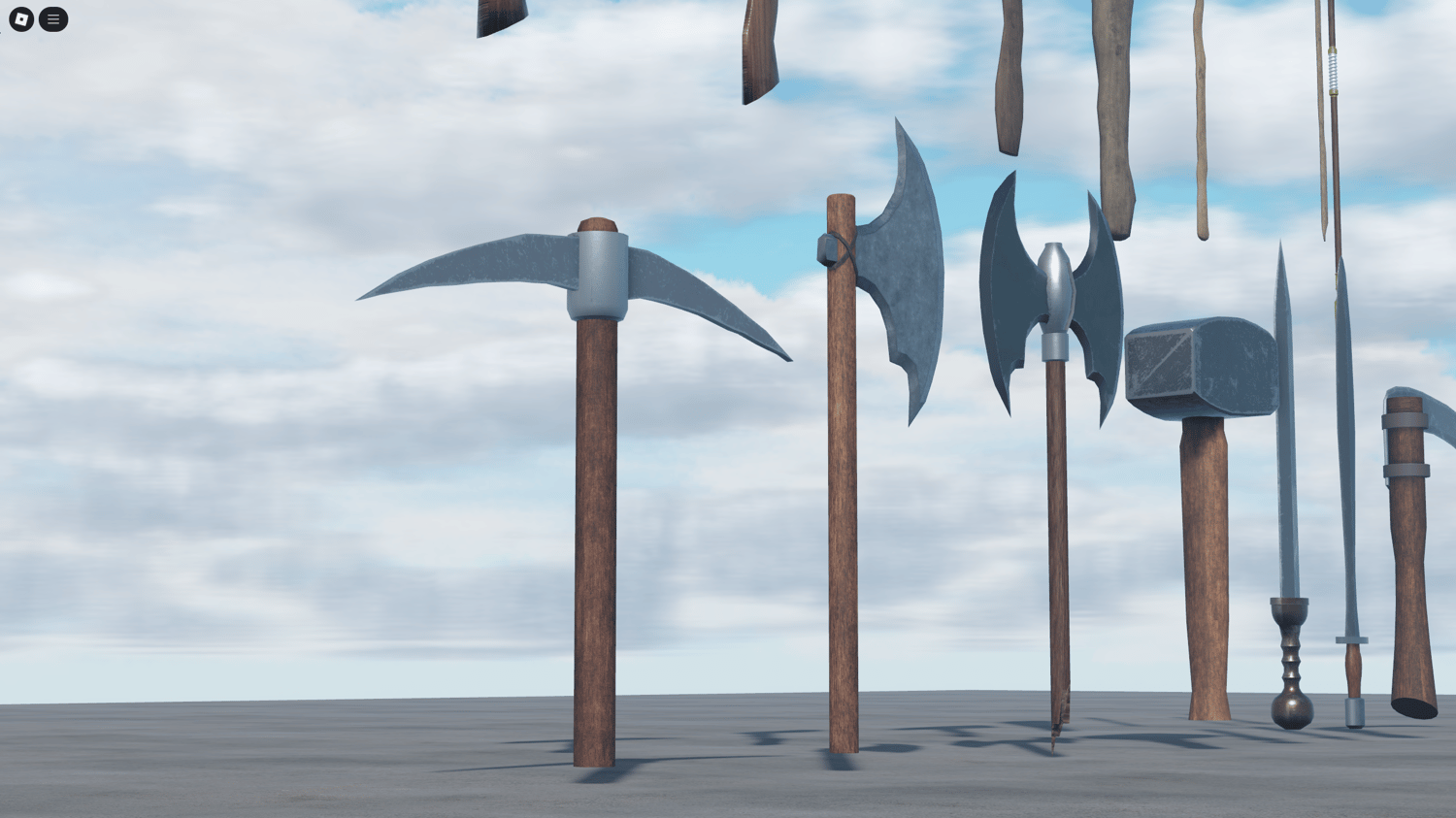 Ancient Roblox spear and sickle tools with realistic materials