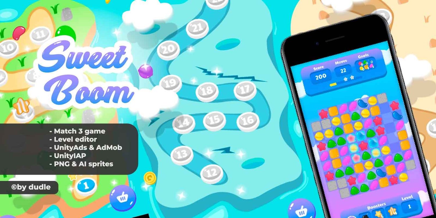 Sweet Boom unity 2d puzzle game template unity puzzle game source code unity match 3 puzzle
