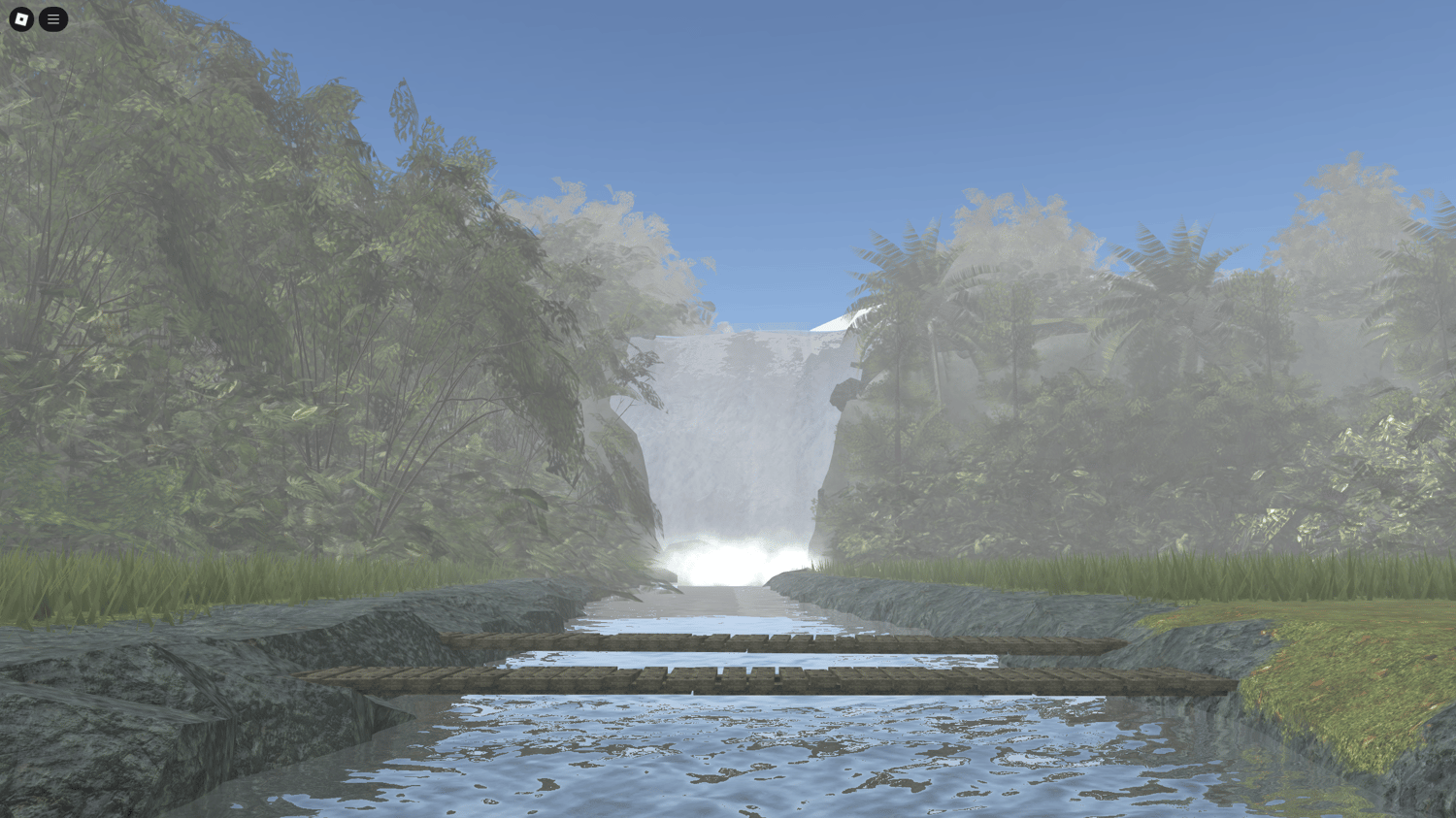 Large jungle waterfall and forested valley