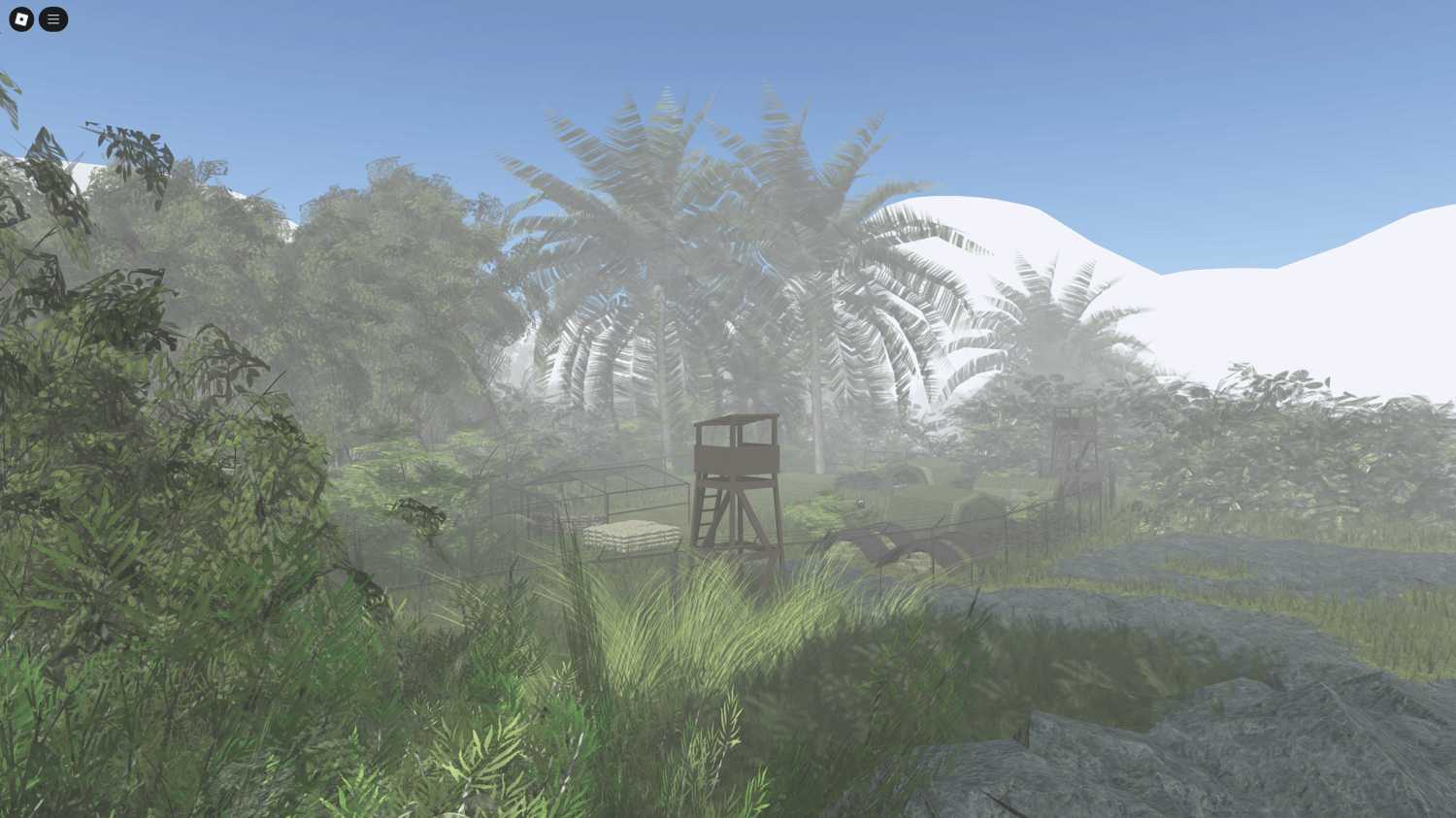 Dense jungle with flowing river and cabins