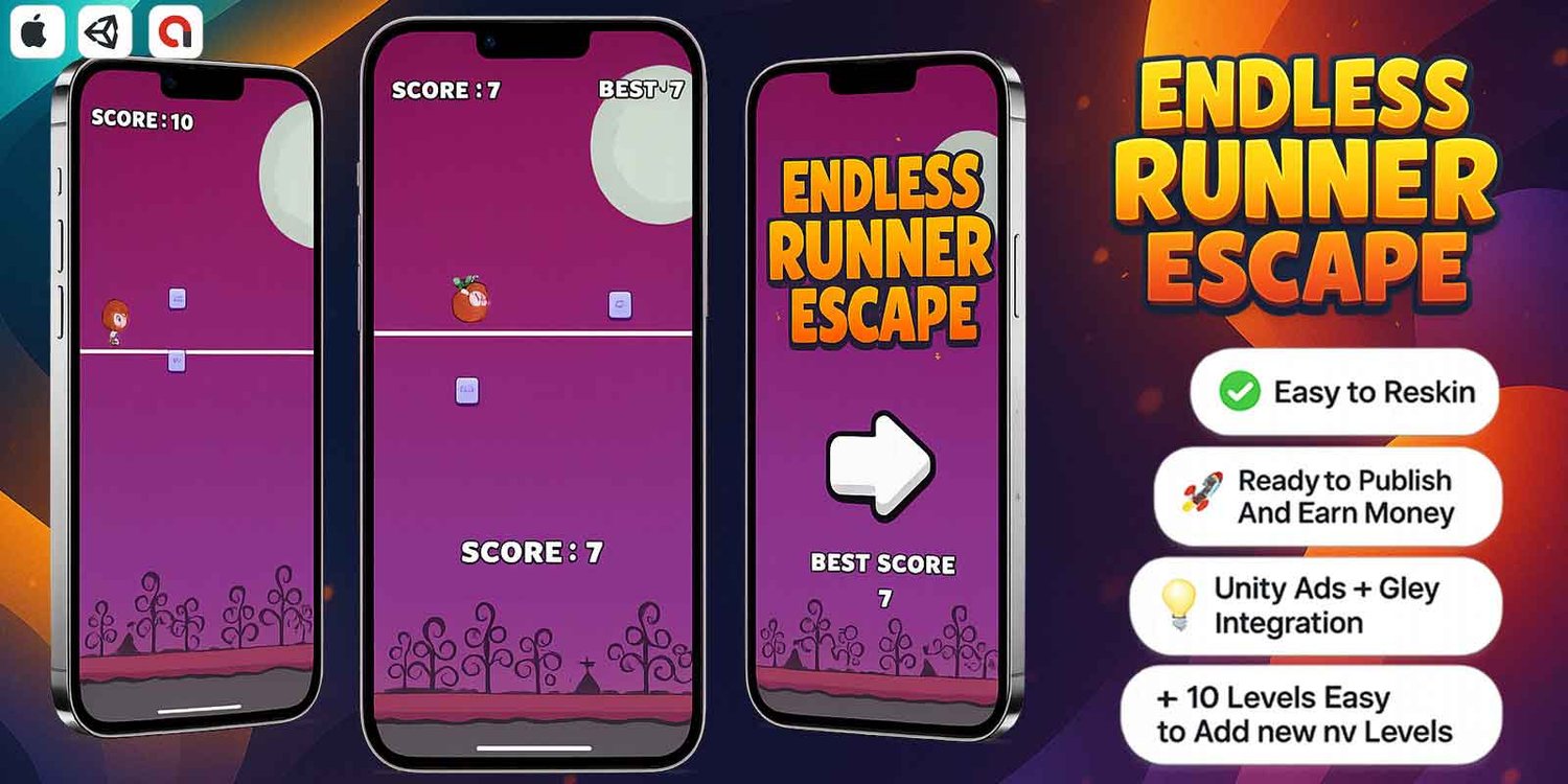Endless Runner Escape unity 2d casual game template unity casual game source code