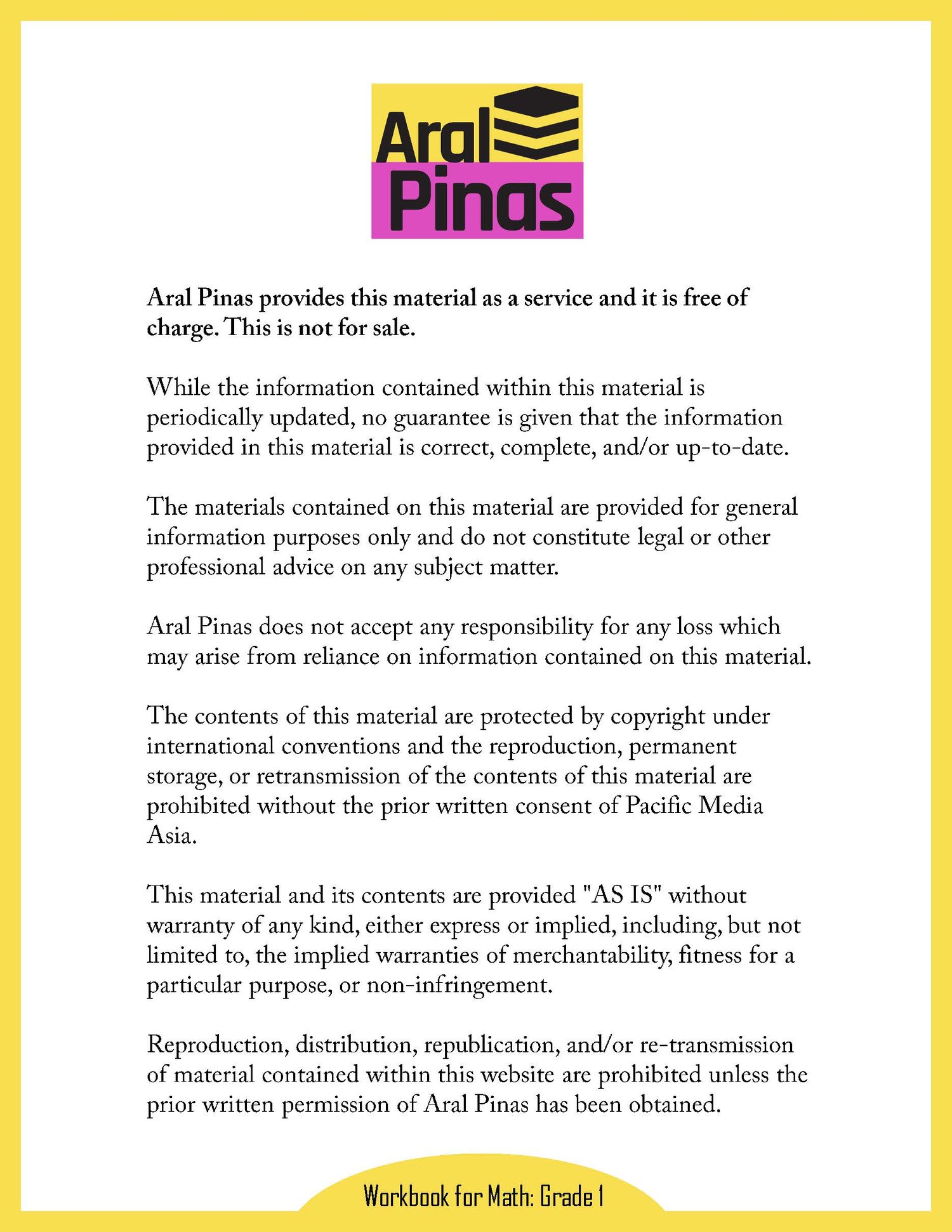 Workbook for Mathematics – Grade 1