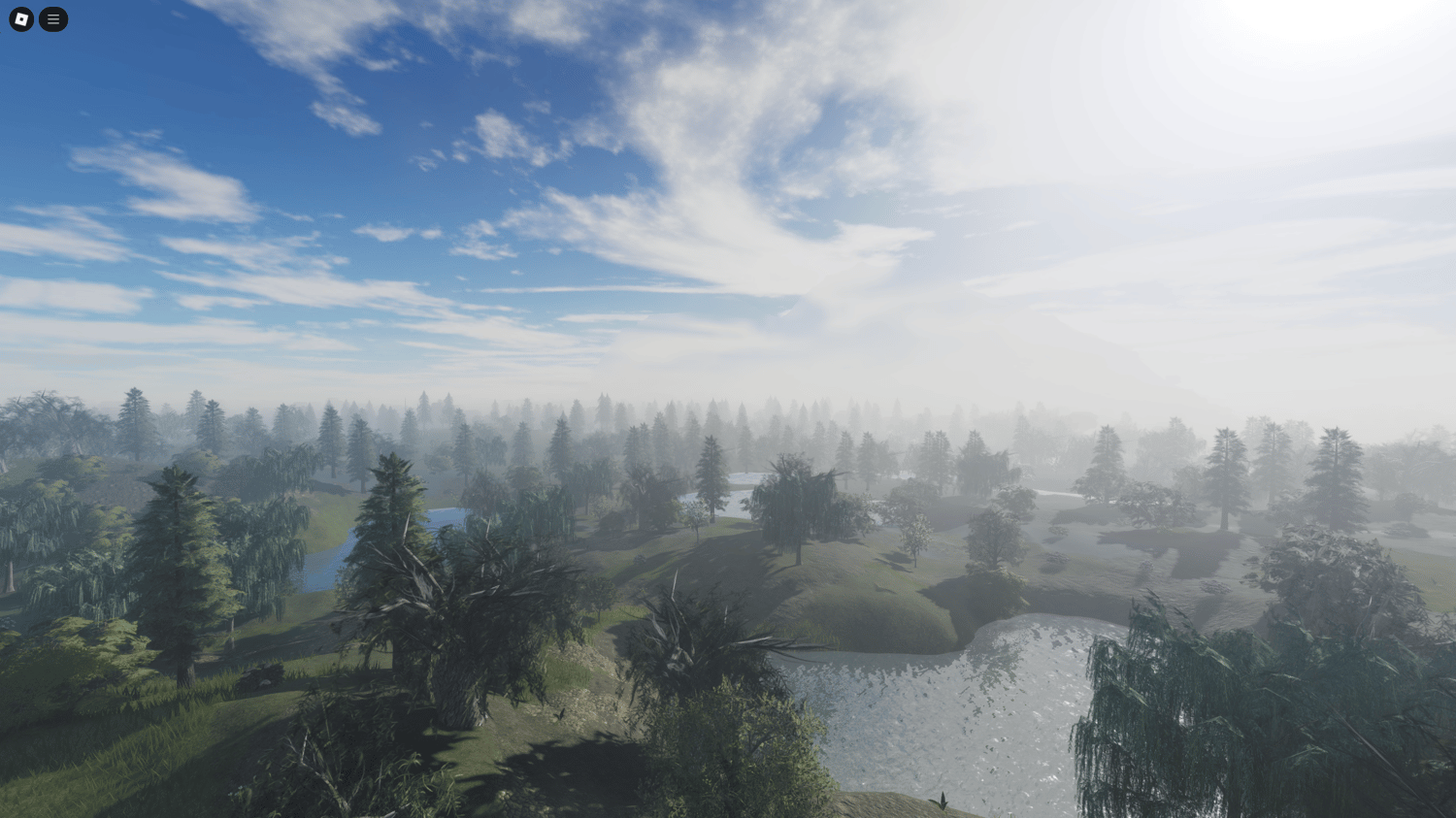 Roblox terrain map with valleys, lakes, and elevation