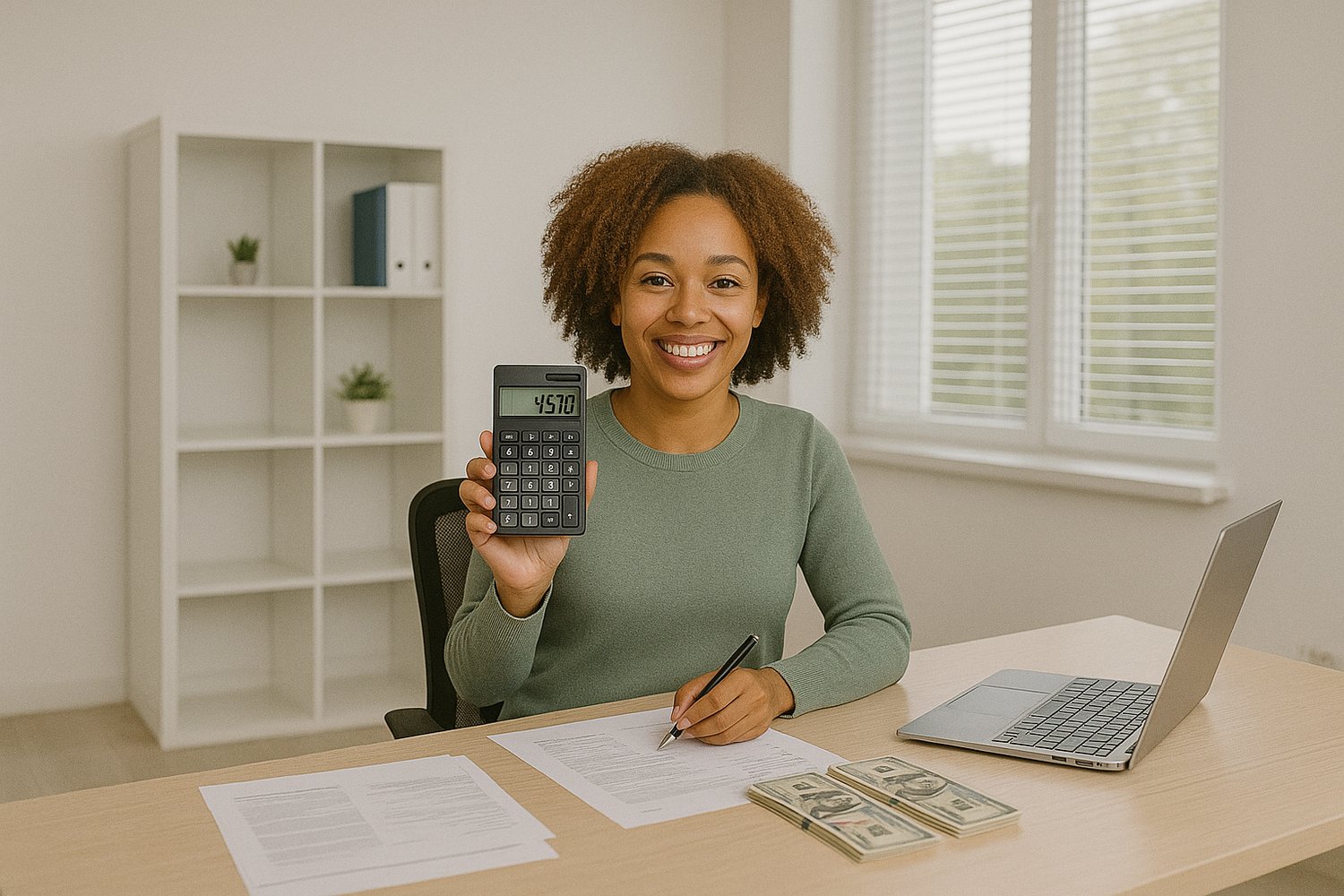 Woman promoting financial literacy with calculator and clipboard