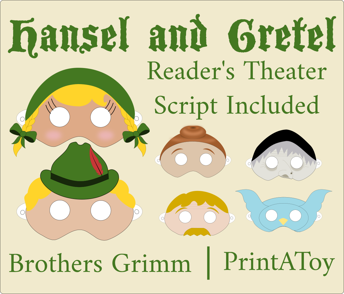 Hansel and Gretel printable masks featured with supporting characters for Reader’s Theater script; perfect for fairy tale retelling and classroom drama.