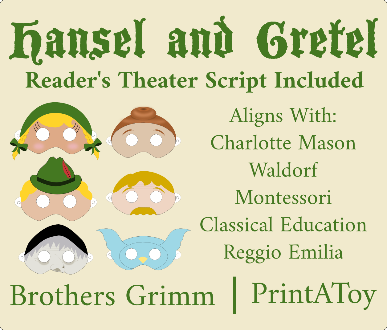 Hansel and Gretel Reader’s Theater set showing all character masks and a list of aligned educational philosophies including Charlotte Mason, Waldorf, Classical, and Montessori.
