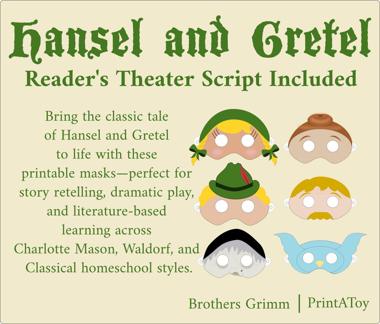 Hansel and Gretel Reader’s Theater masks with script included, featuring educational benefits for narration, dramatic play, and literature-based learning.