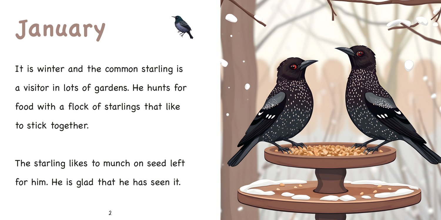 Sample spread from the Starling book, showing an illustrated starling perched on a branch with simple, decodable text designed for young readers aged 5 to 7