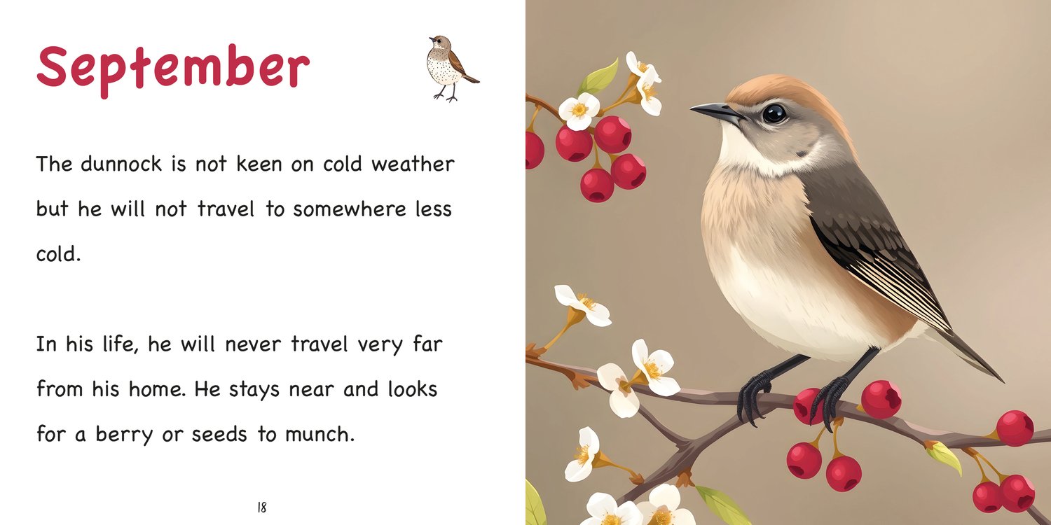Sample page from the Dunnocks book, featuring a detailed illustration of a dunnock and simple, decodable text for children aged 5 to 7