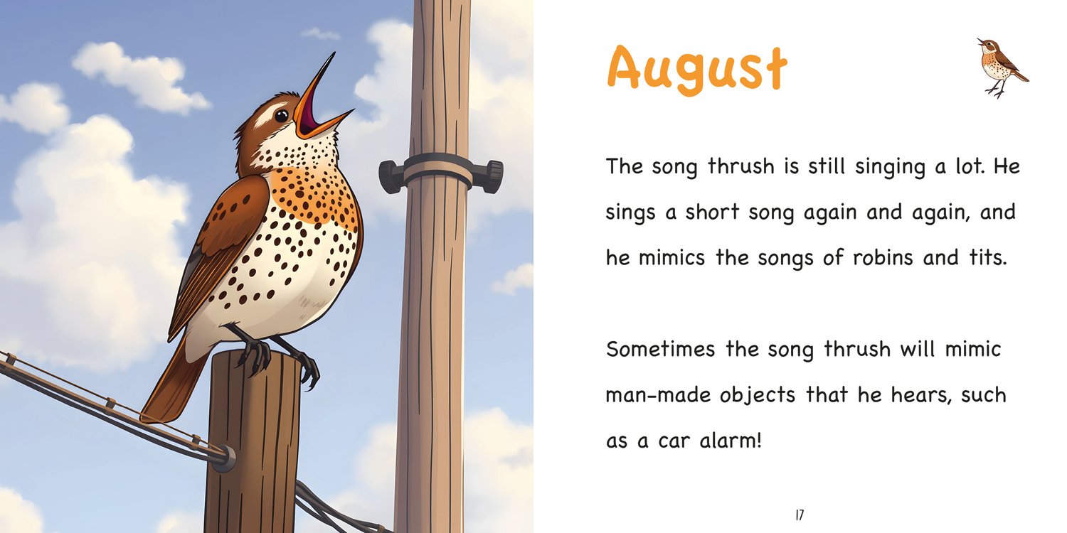 Sample page from The Song Thrushs Year book, showing a seasonal scene with a song thrush and decodable text for young readers aged 5 to 7
