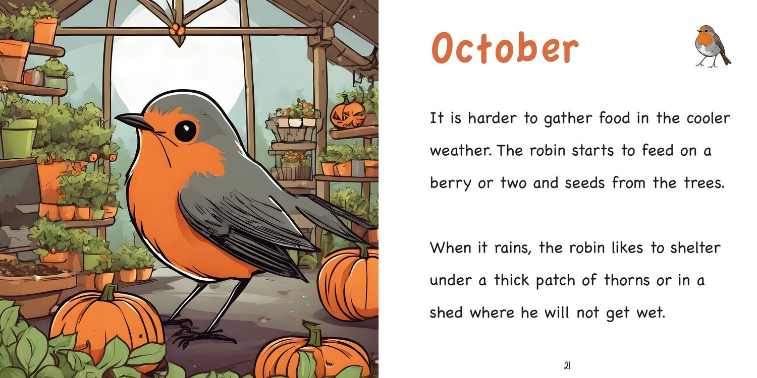 Sample page from the Robin book, featuring a colorful illustration of a robin and simple, decodable text designed for children aged 5 to 7