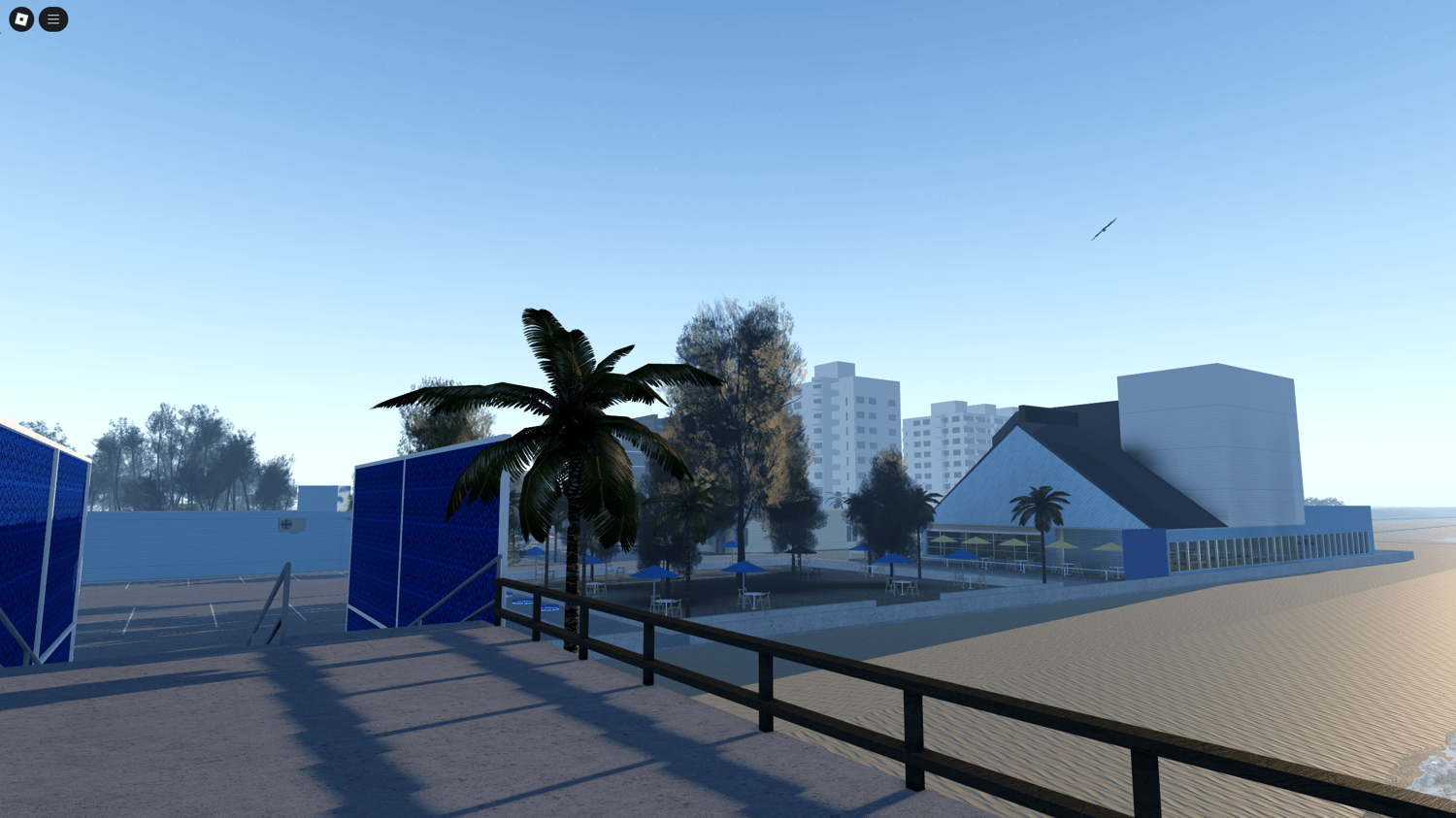 Oceanfront Roblox map with beach and boats
