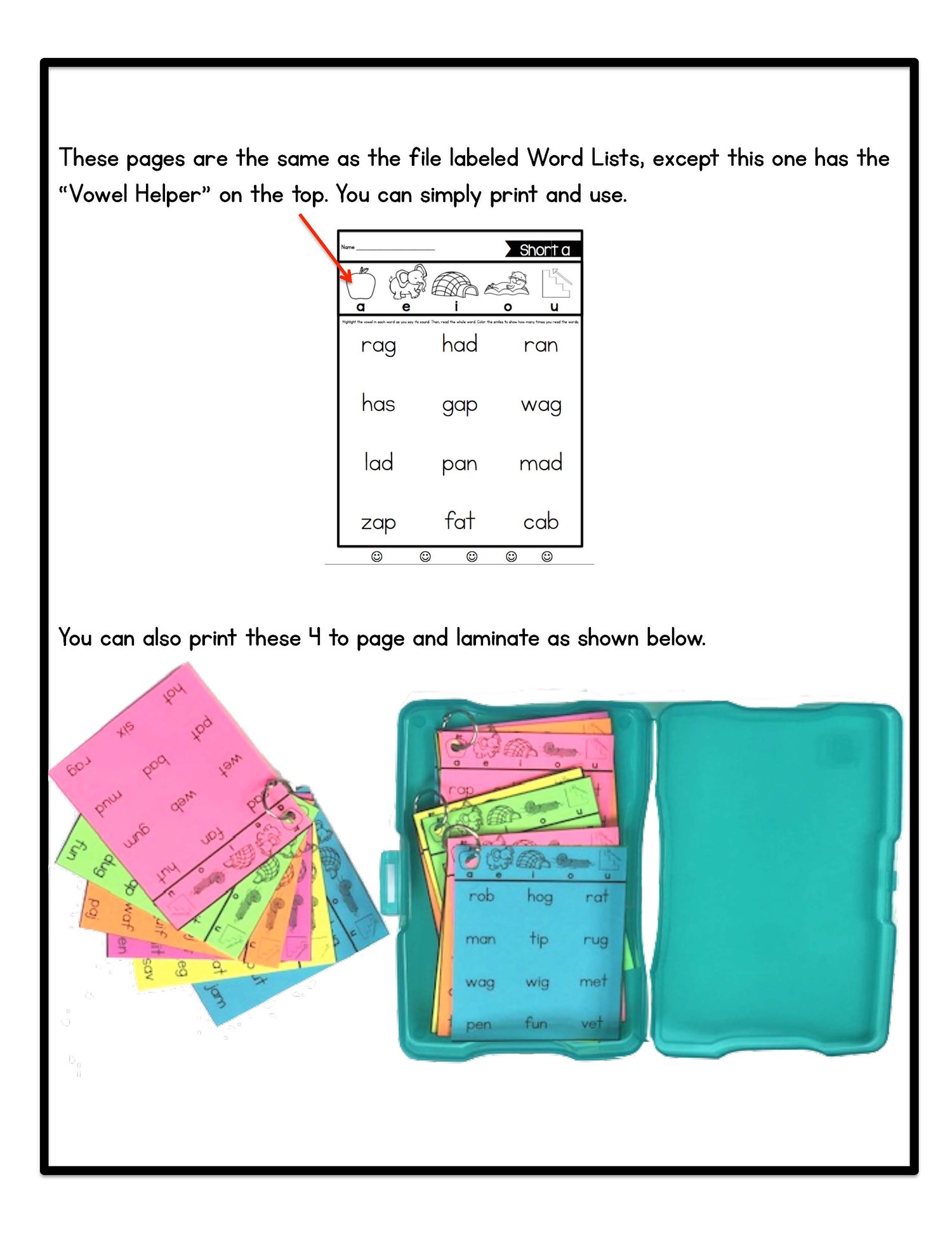 Phonics Fluency Word Lists with Vowel Helper