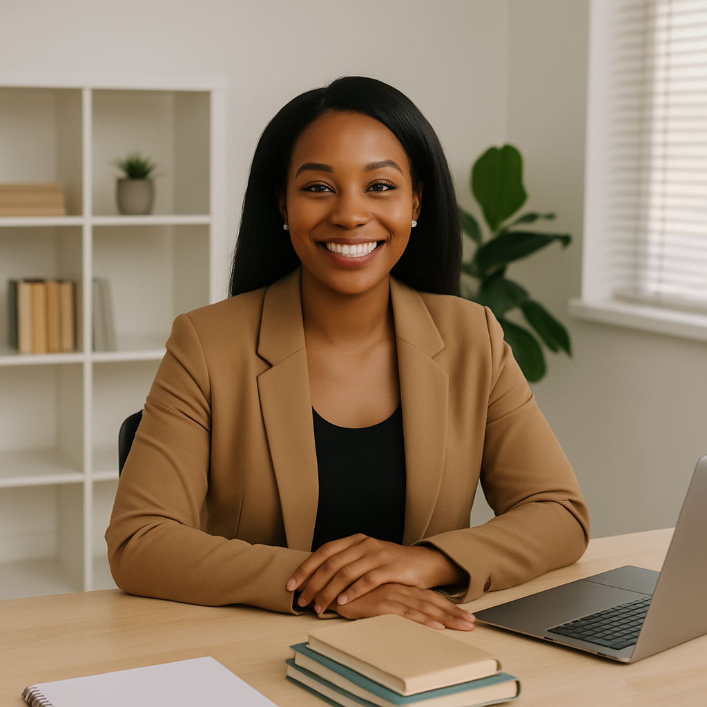 Confident woman reviewing her financial progress at a clean desk, representing steady financial success and stability.