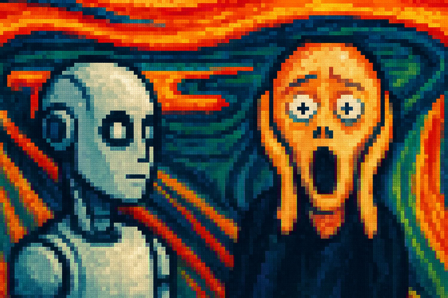 Pixel art of a terrified human beside a near-human android with red eyes, set against a swirling, colorful background. Inspired by The Scream.