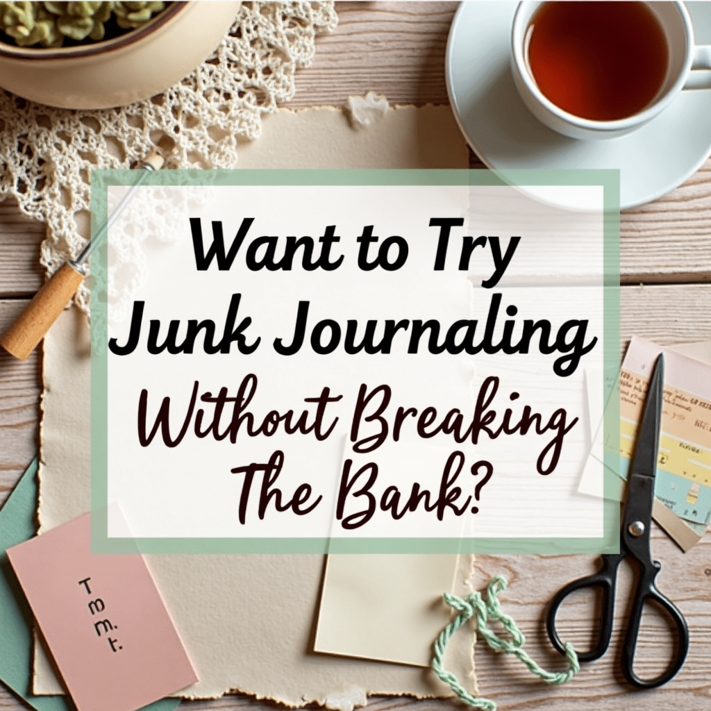 Flat-lay of a junk journal in progress with vintage papers, printable tags, lace, and scissors on a wooden table, styled in soft pastel colors with text overlay: 'Want to Try Junk Journaling Without Breaking the Bank? Here’s How…