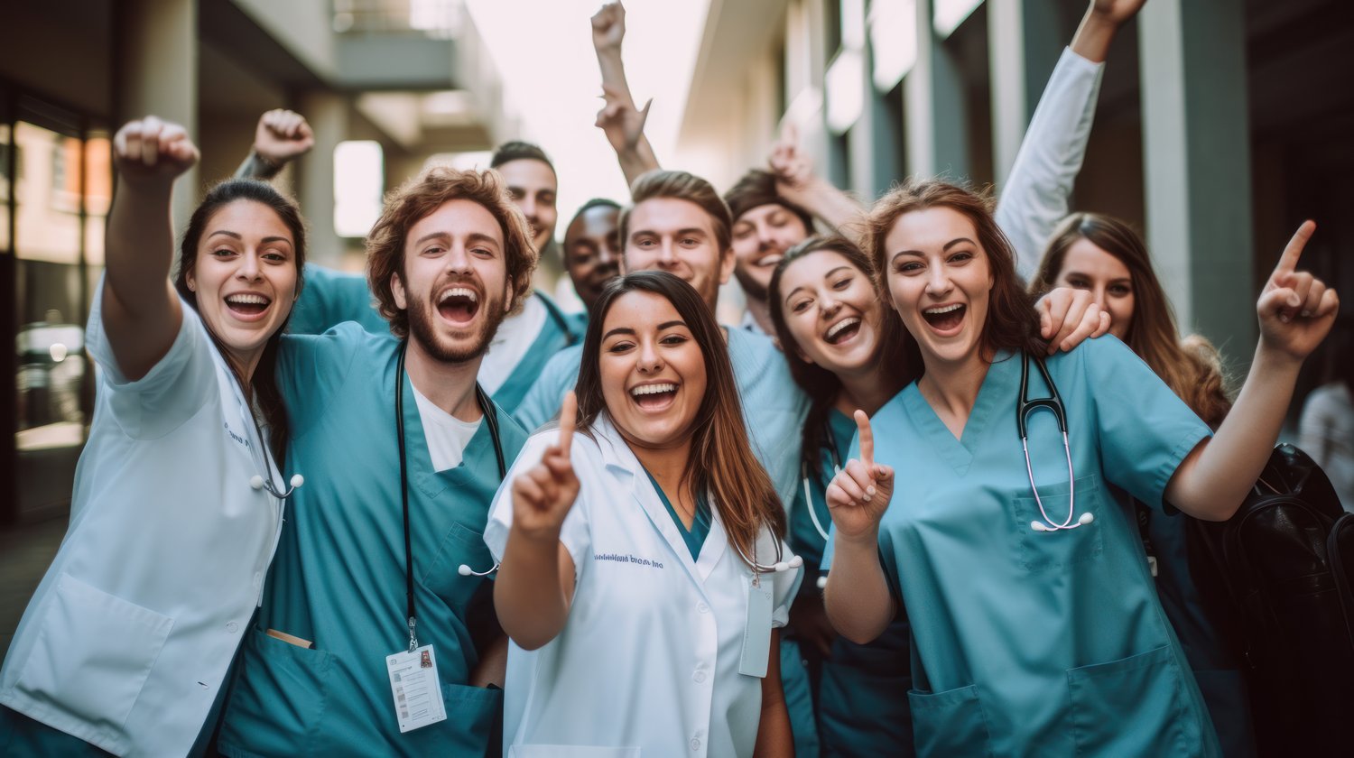 Group of excited nursing students in scrubs and lab coats celebrating success outdoors, smiling and raising their hands in unity and achievement.