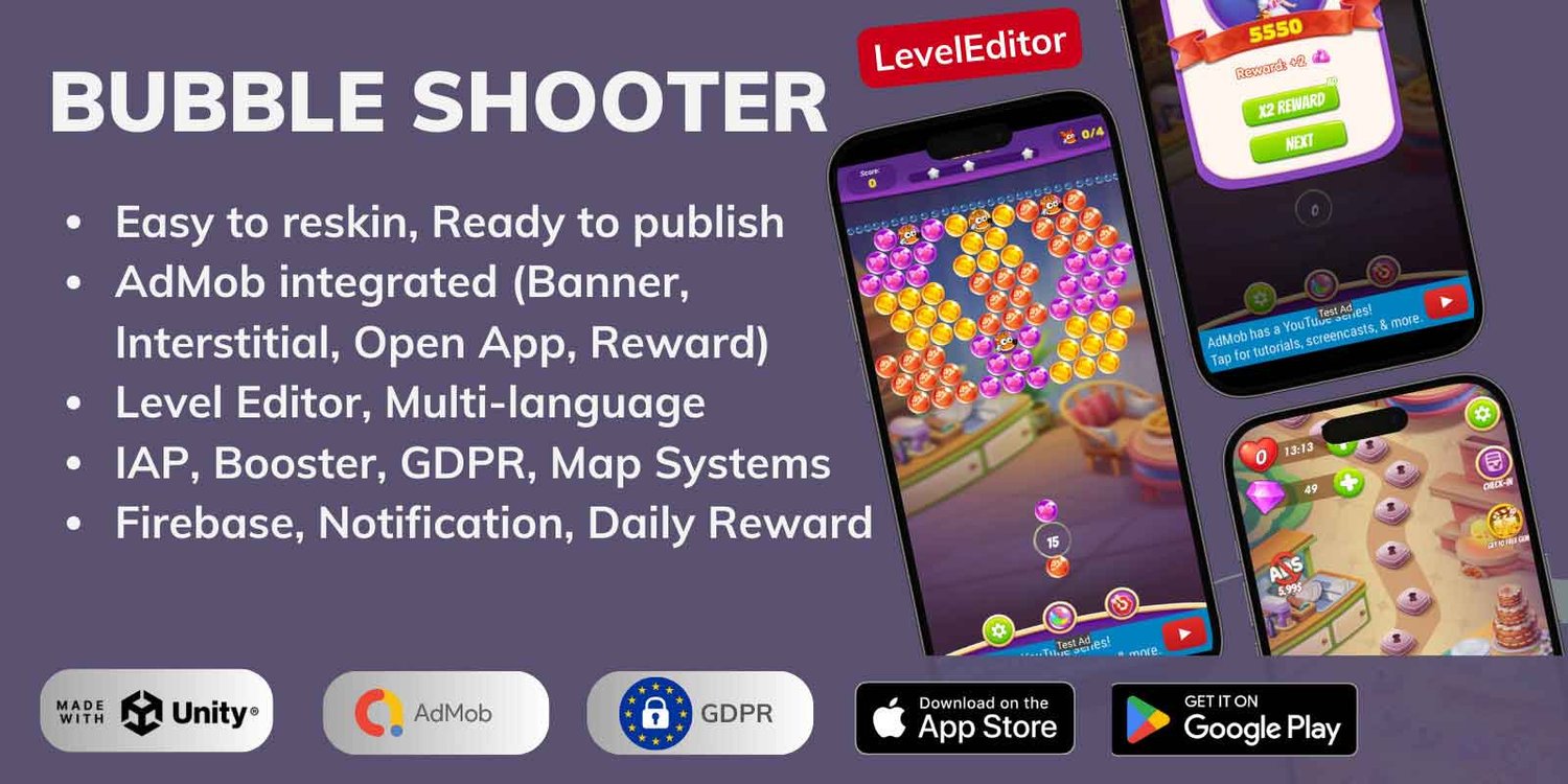 Pop Bubble Shooter Game Unity Template bubble shooter unity 2d bubble shooter game source code unity Unity 2D Puzzle Game Template