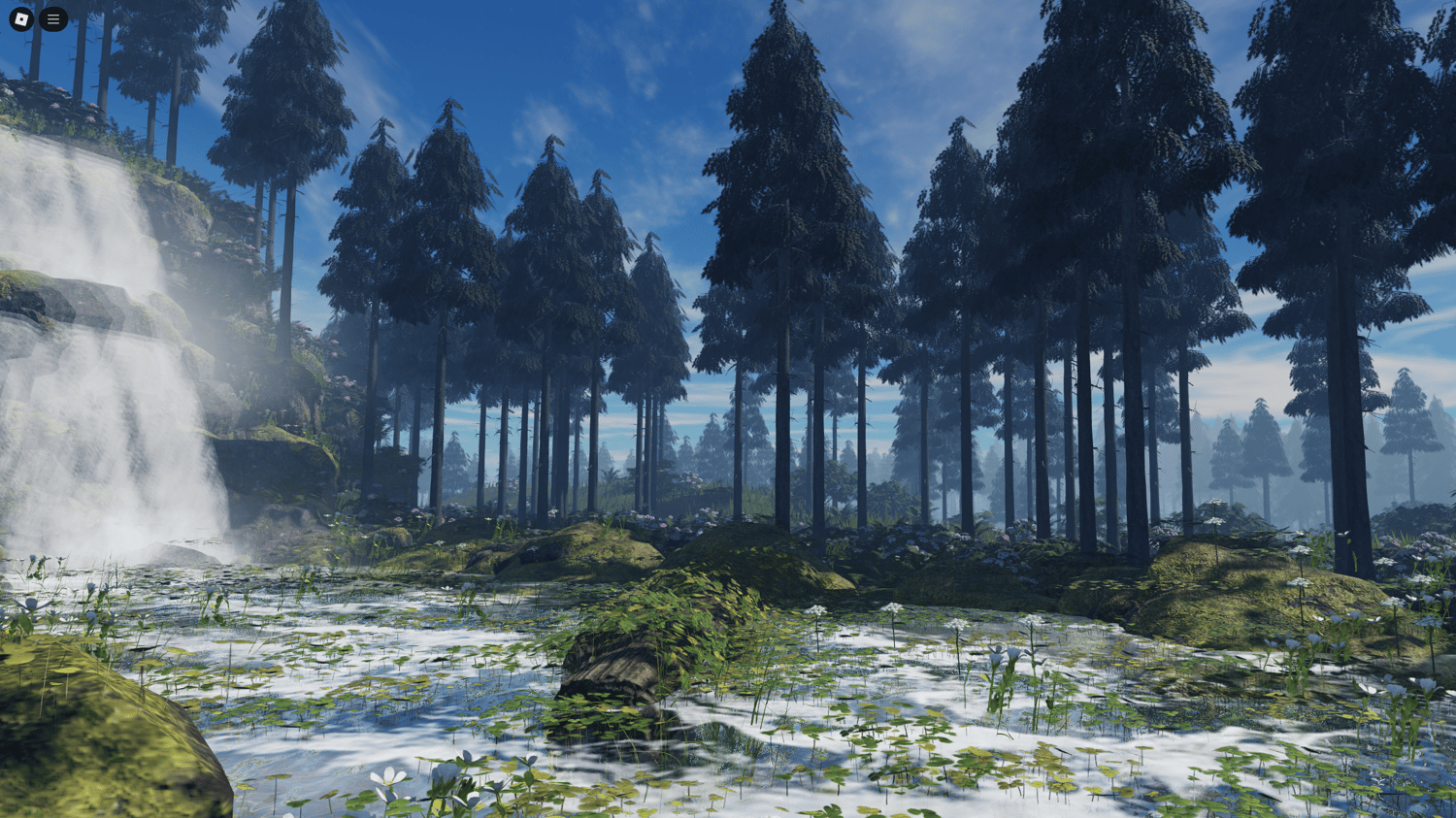 Open-world Roblox terrain with swamps and flowers