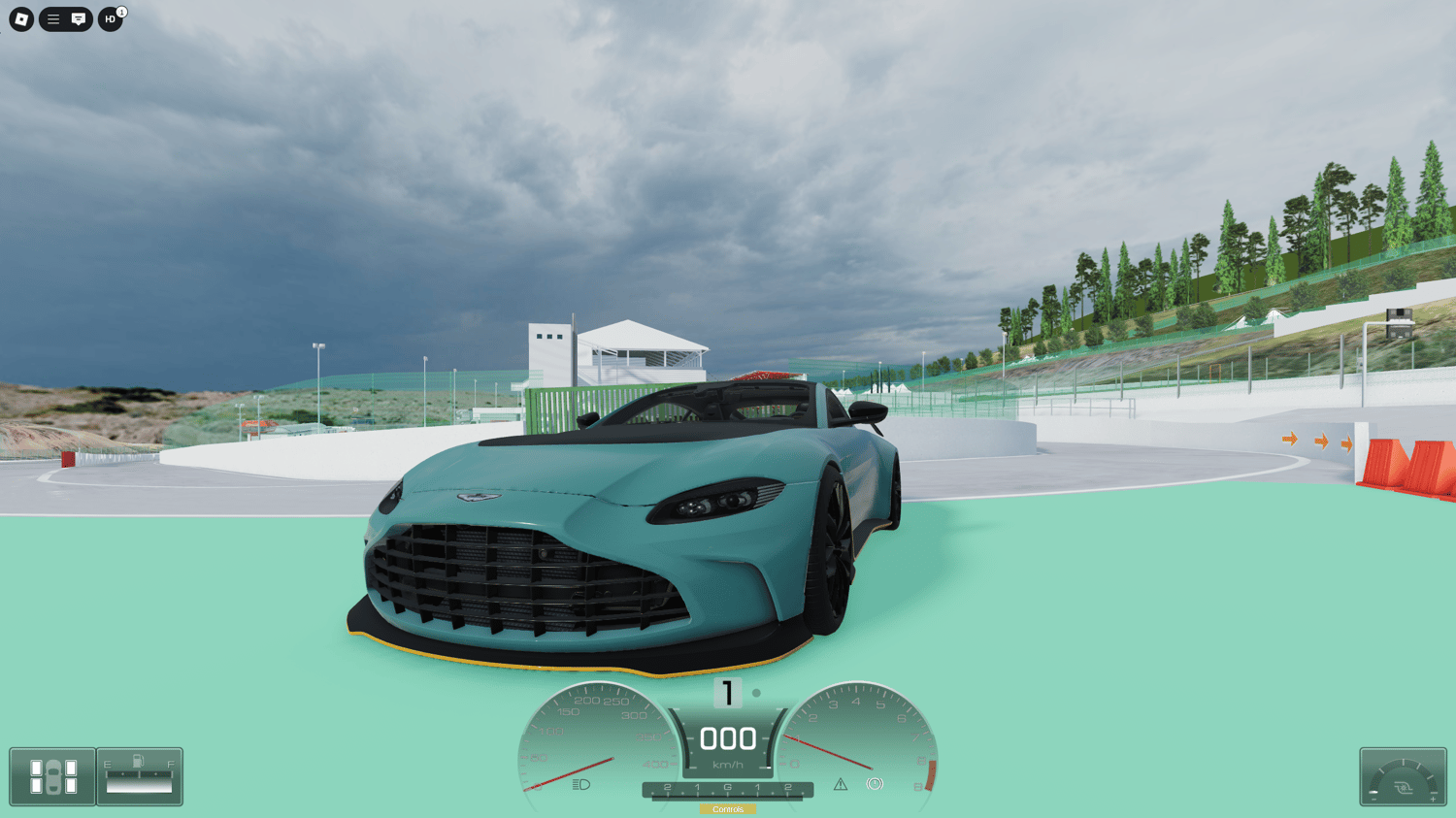 Roblox Racing Simulator map with garages and Spa Francorchamps track layout
