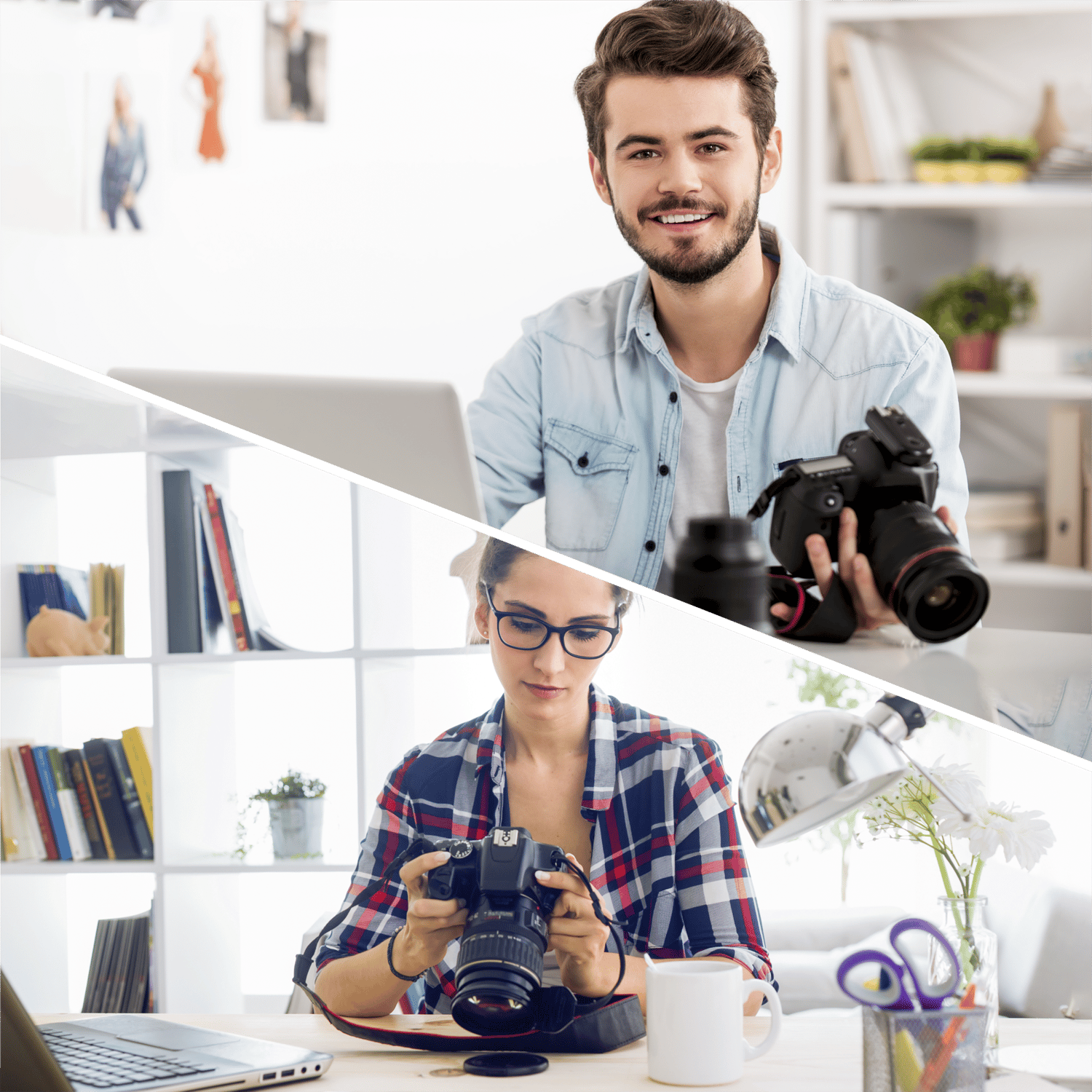 A collage of two photographers engaged in learning and practicing photography. The top image features a smiling man seated at a desk with a laptop, holding a professional camera, surrounded by camera equipment, suggesting a focus on online learning and practice. The bottom image shows a woman wearing glasses, examining a digital camera closely while sitting at a desk with a laptop and a coffee cup, highlighting a hands-on approach to learning at one’s own pace. The image illustrates the flexibility of a photography course designed for individuals balancing work, family, or other commitments. Students can revisit tutorials and critiques anytime and choose time slots that fit their schedule, ensuring a seamless learning journey.
