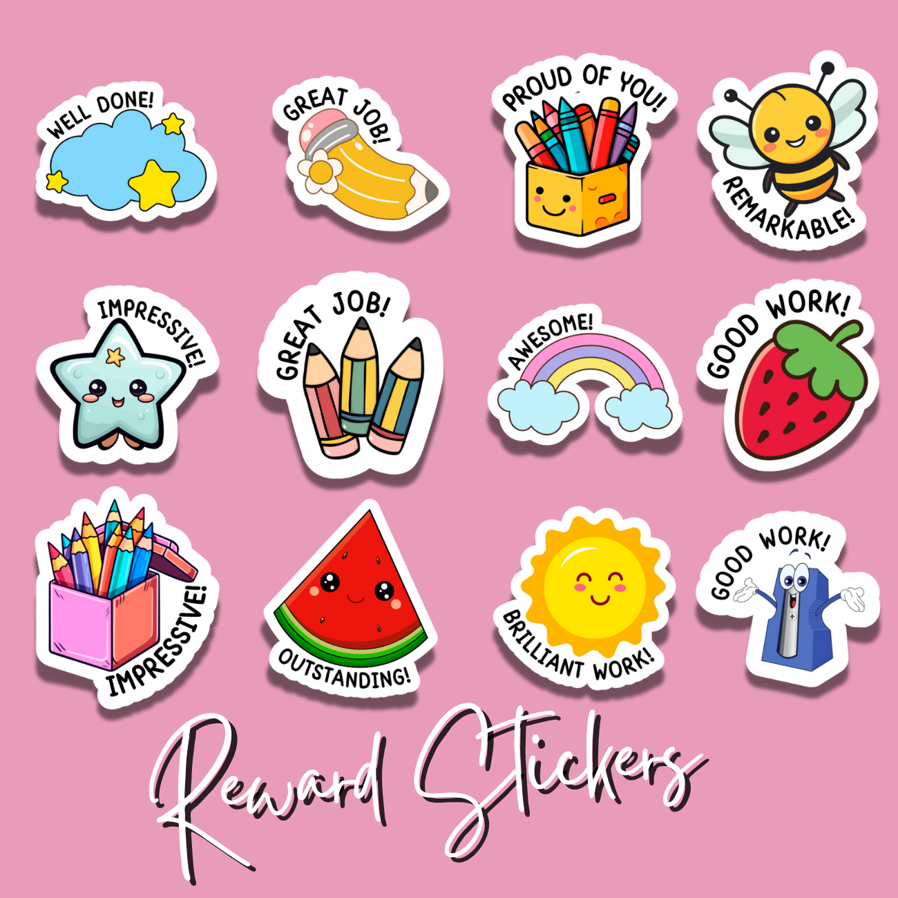 Printable Reward Stickers – Motivational Cute PNG Stickers for Kids & Planners | Fun Colorful Sticker Pack (12 Designs)