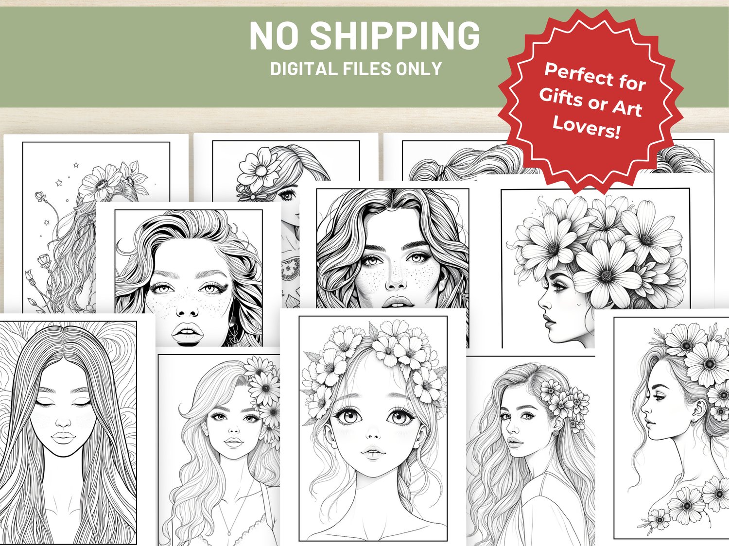 Line Colouring Portrait Printable Floral Portraits Coloring Book - 107 Pages. Digital Download ...