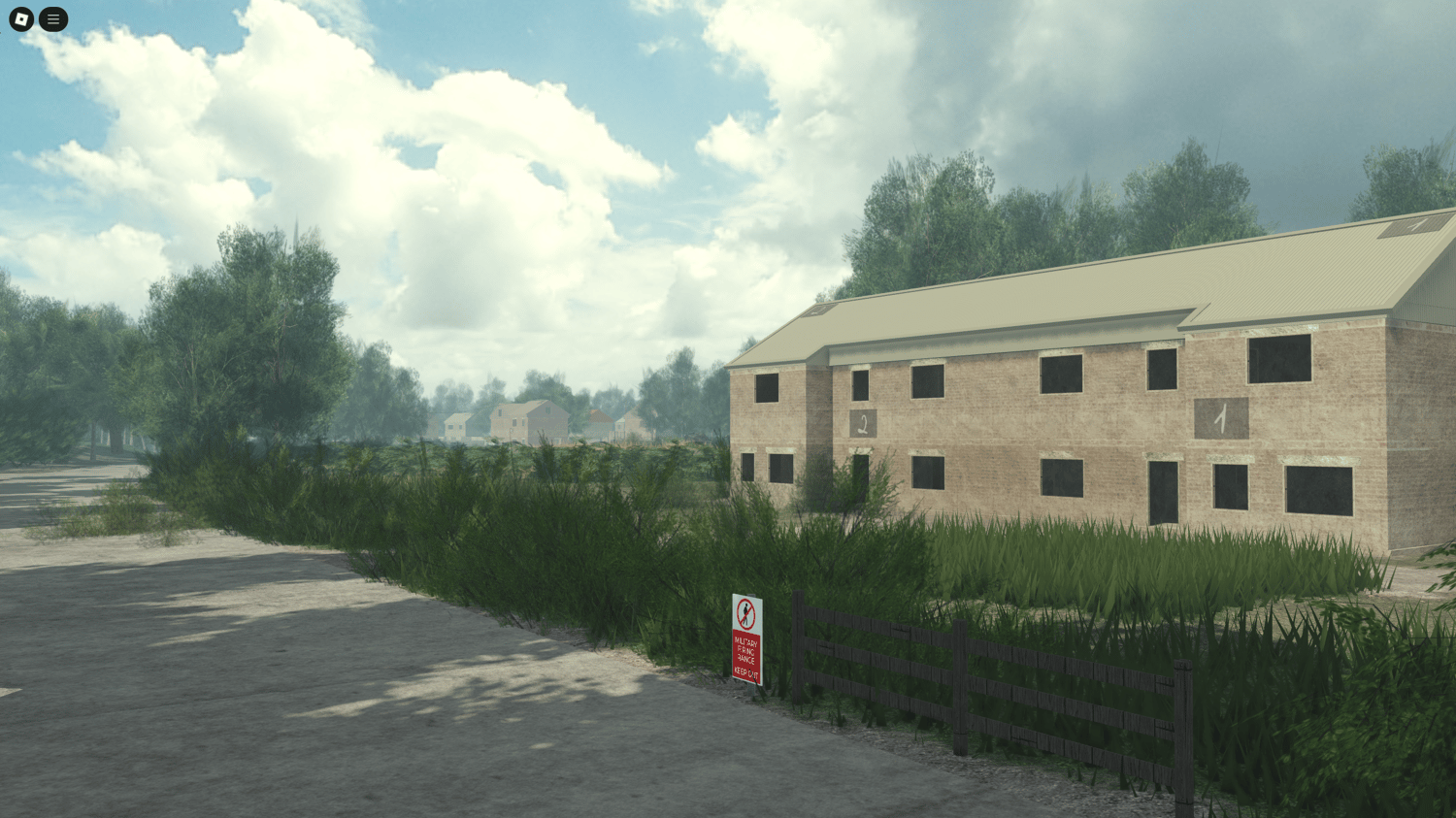 Roblox UK military training village with buildings and garages