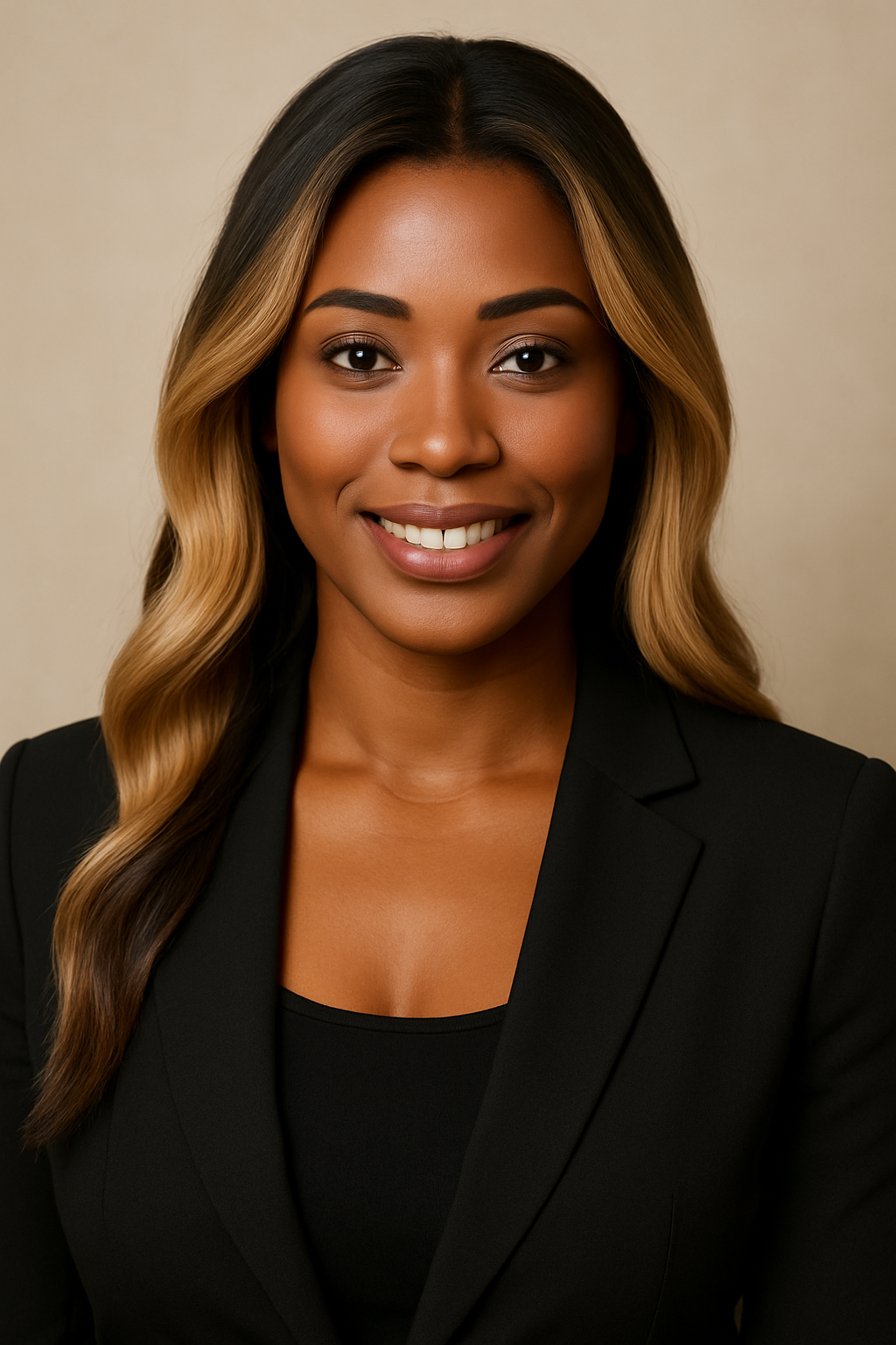 Professional headshot of Janelle Arden, a confident young African American woman with natural long curls, warm brown skin, and a bright, engaging smile. She is dressed in a soft pink blouse and stands against a clean, neutral background with gentle lighti
