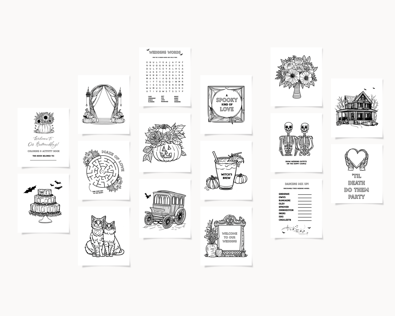 Hallowedding Themed Kids Coloring Pages and Activity Book Printable