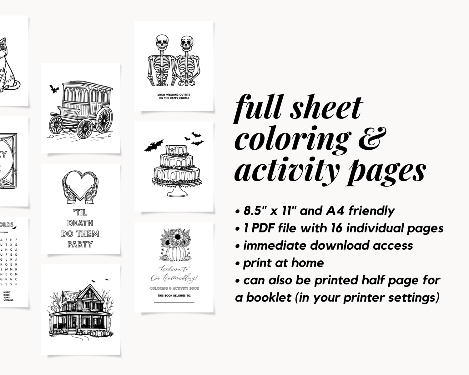 Halloween Wedding Themed Kids Coloring Pages and Activity Book Printable