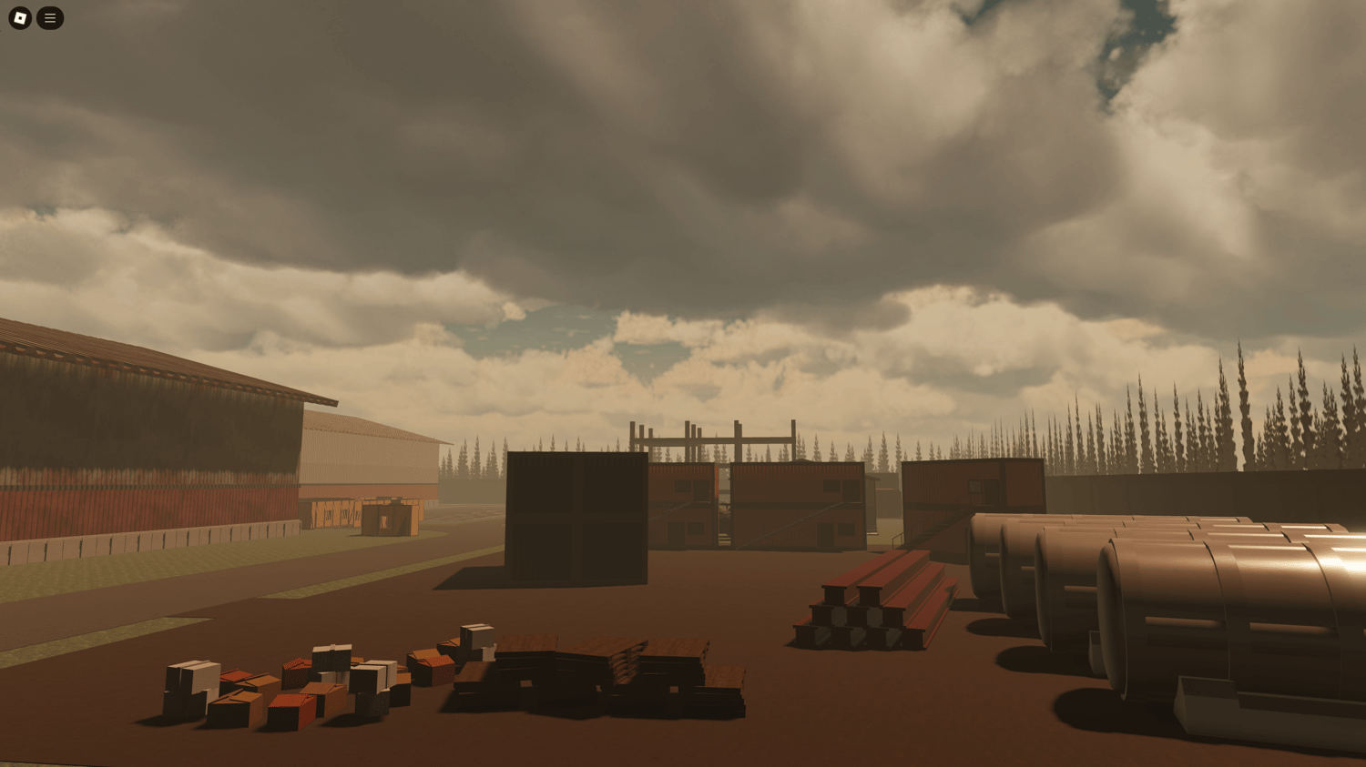 Garages and broken buildings in battle area