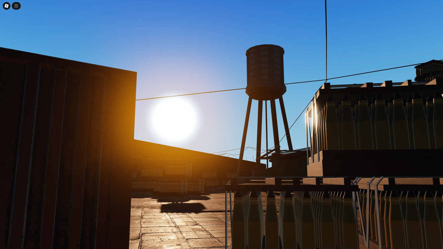 Desert combat area with military tents and crates