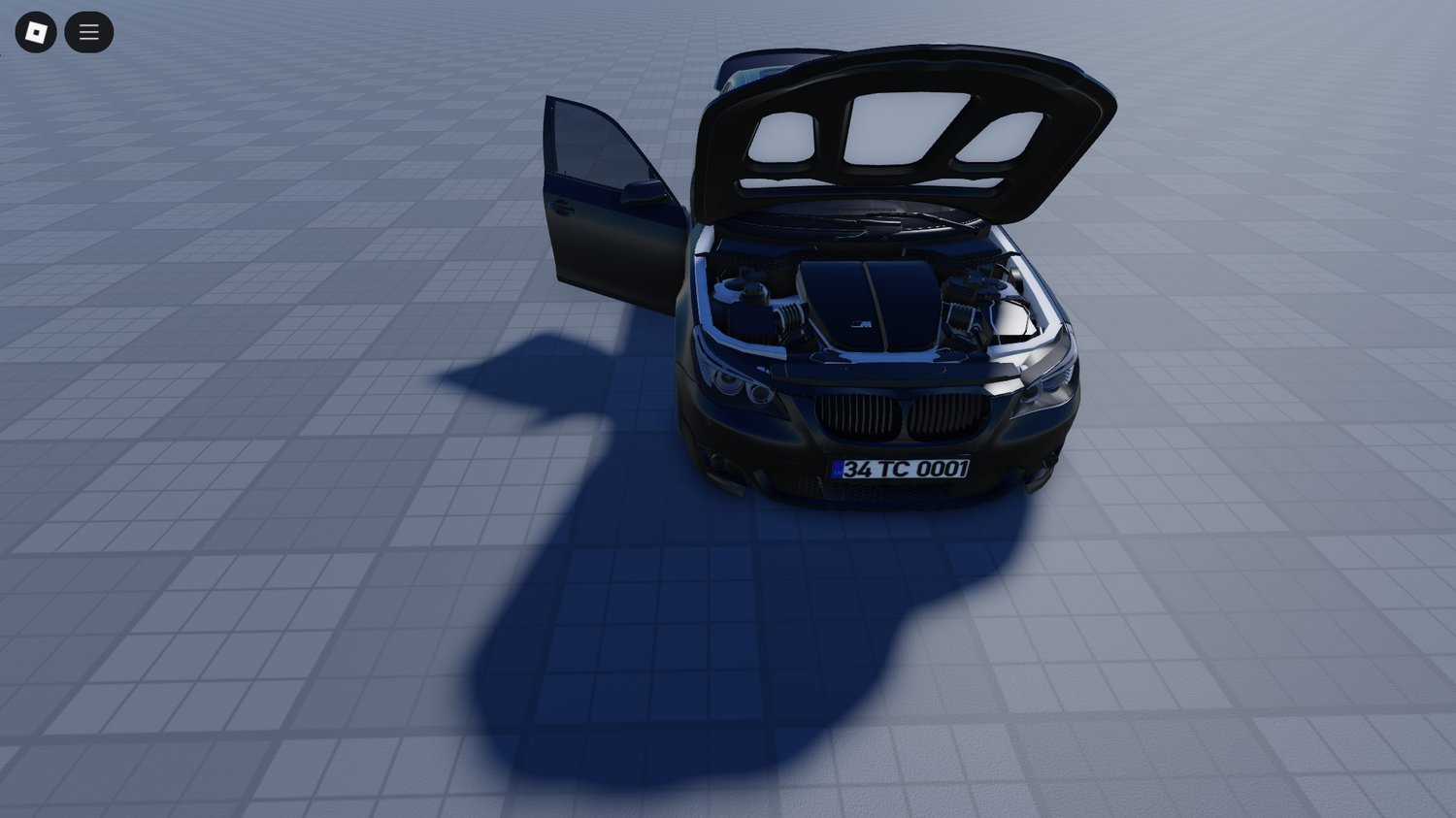 BMW sedan driving through modern Roblox streets