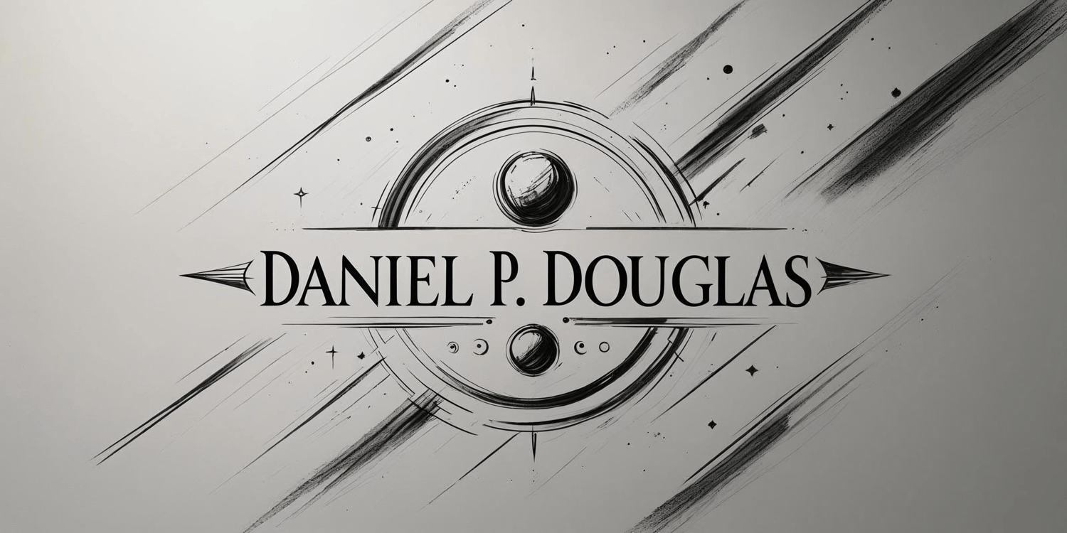 Daniel P. Douglas author logo featuring the name in bold letters across a cosmic design with planetary orbits, celestial bodies, and radiating lines in a black and white artistic style.