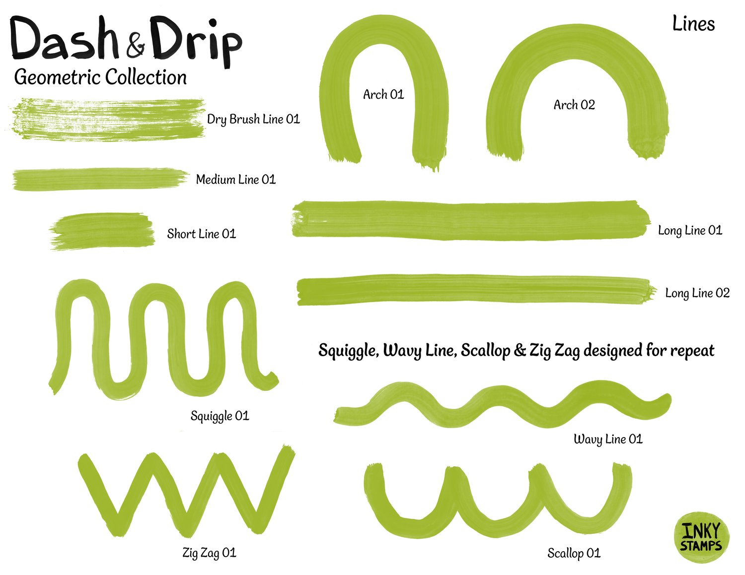 Dash and Drip - Geometric Collection - Lines. Stamps of arches, straight lines, squiggle, wavy line, scallop and zig zag. INKY STAMPS