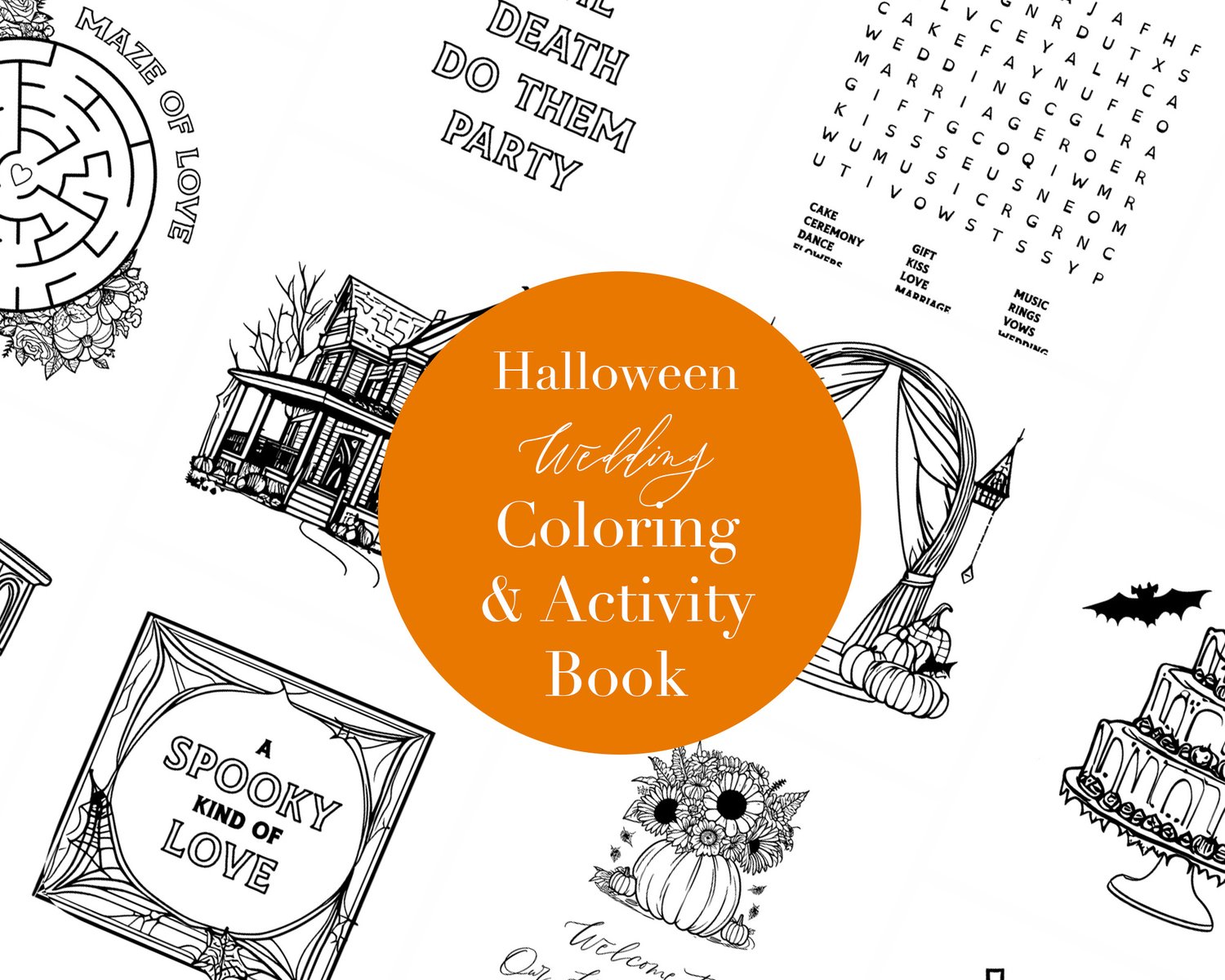 Halloween Wedding Themed Kids Coloring Pages and Activity Book Printable