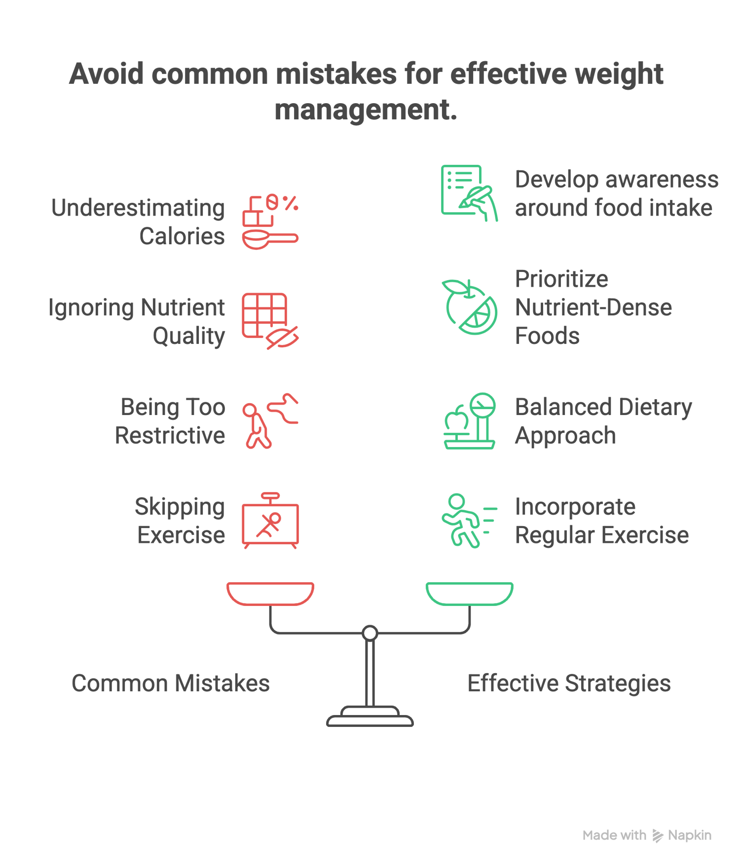 common mistakes for effective weight management info graphic. Common mistakes and effective strategies.