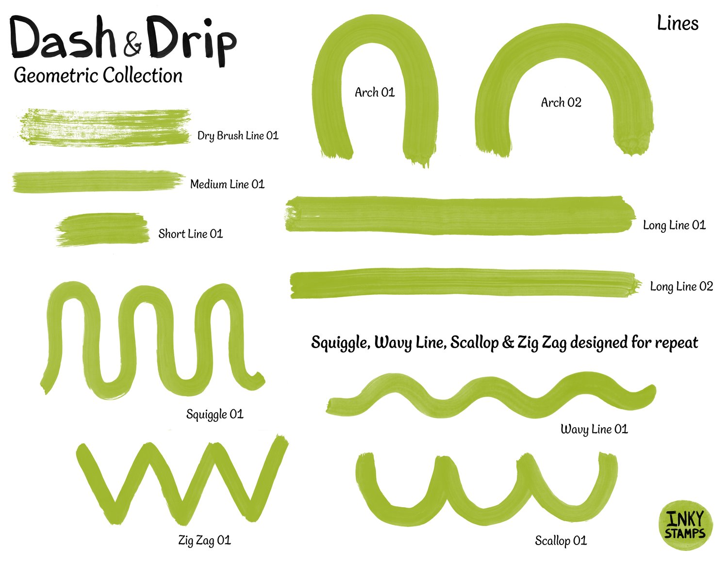 Dash and Drip - Geometric Collection - Lines. Stamps of arches, straight lines, squiggle, wavy line, scallop and zig zag. INKY STAMPS