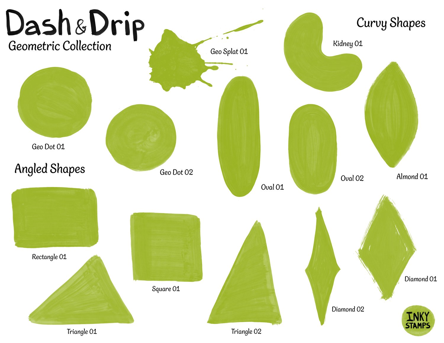 Dash and Drip - Geometric Collection. Curvy Shapes. Stamps of ink splat, dots, ovals, kidney and almond shapes. AND Angled Shapes. Stamps of triangles, square, rectangle and diamonds. INKY STAMPS