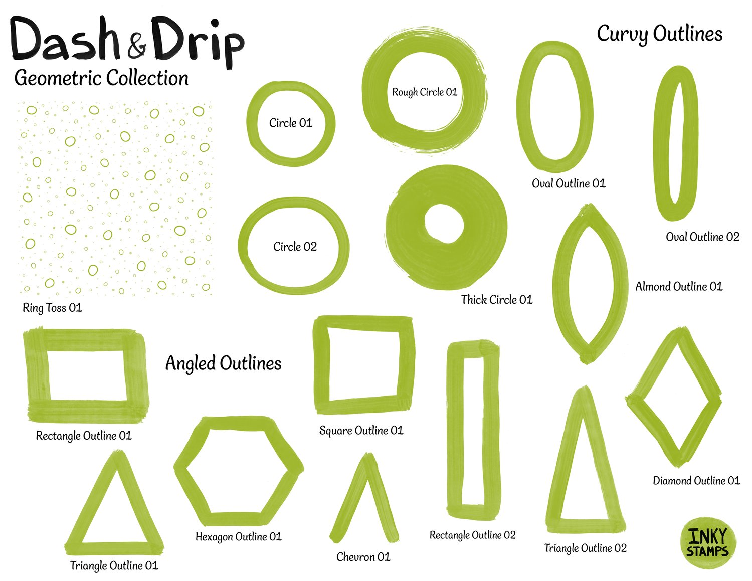 Dash and Drip - Geometric Collection - Curvy Outlines. Stamps of  circles, oval outlines, almond outline and tossed circle repeat pattern background brush. AND Angled Outlines. Stamps of triangles outlines, chevron, rectangle outline, square outline and h