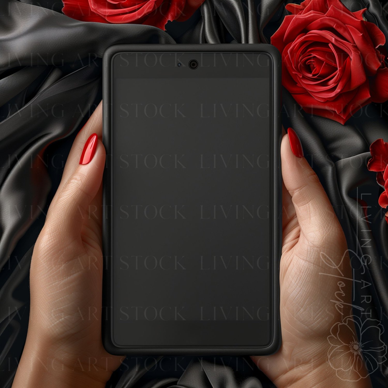 Black woman holding black smartphone, ebook cover mockup photo