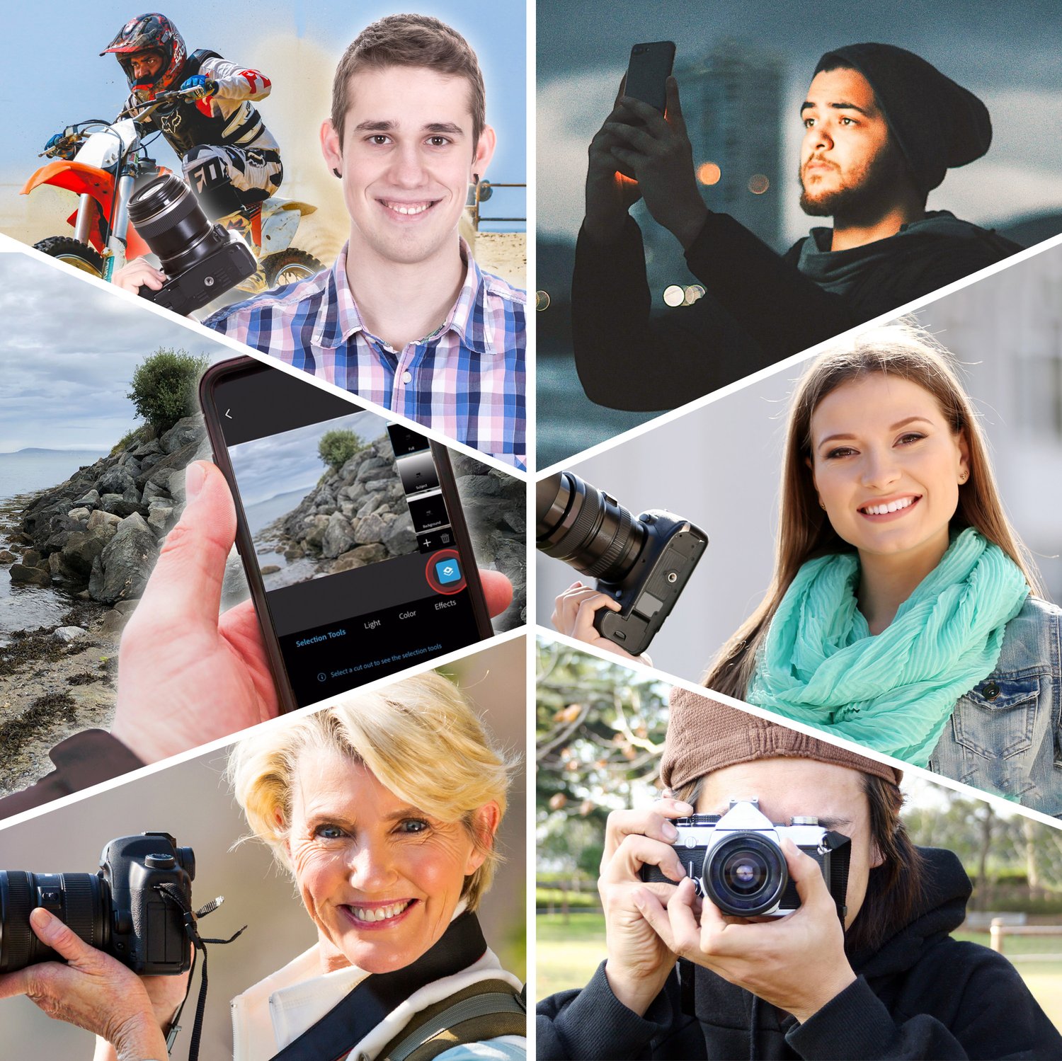 A collage of eight photography-related scenes featuring diverse individuals using various types of cameras. Clockwise from top left: a motocross rider in motion, a young man smiling with a mirrorless camera, a man photographing at night with a phone, a woman smiling while holding a DSLR, a person in a beanie taking a photo with a film camera, an older woman smiling with a DSLR, a hand editing a phone photo of a rocky shore, and a person shooting with a DSLR outdoors. The collage is divided by diagonal white lines.