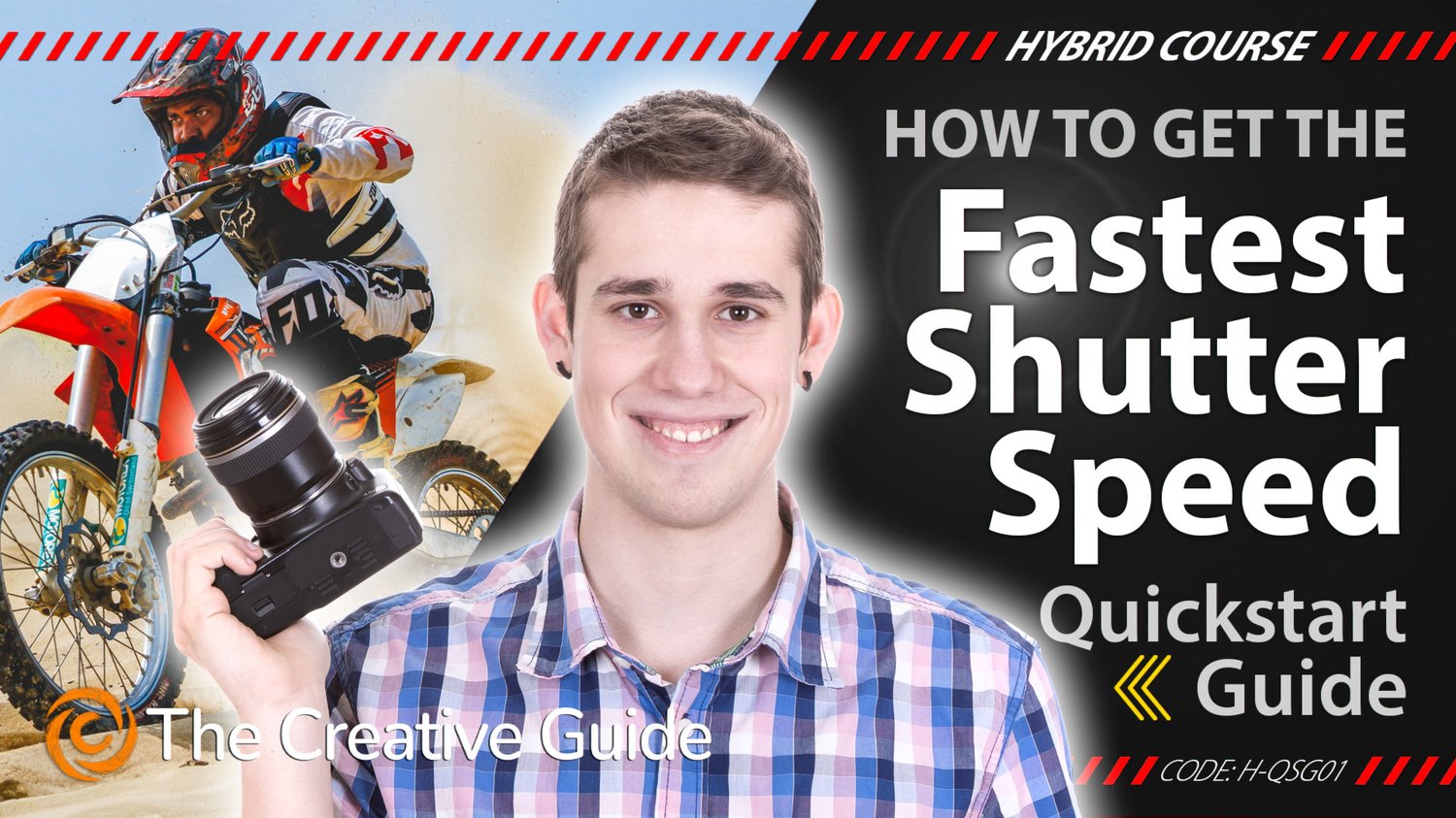 A smiling young man in a plaid shirt holds a DSLR camera, with a motocross rider kicking up sand behind him. Bold white text on black reads "Fastest Shutter Speed" with red diagonal stripes above and below.