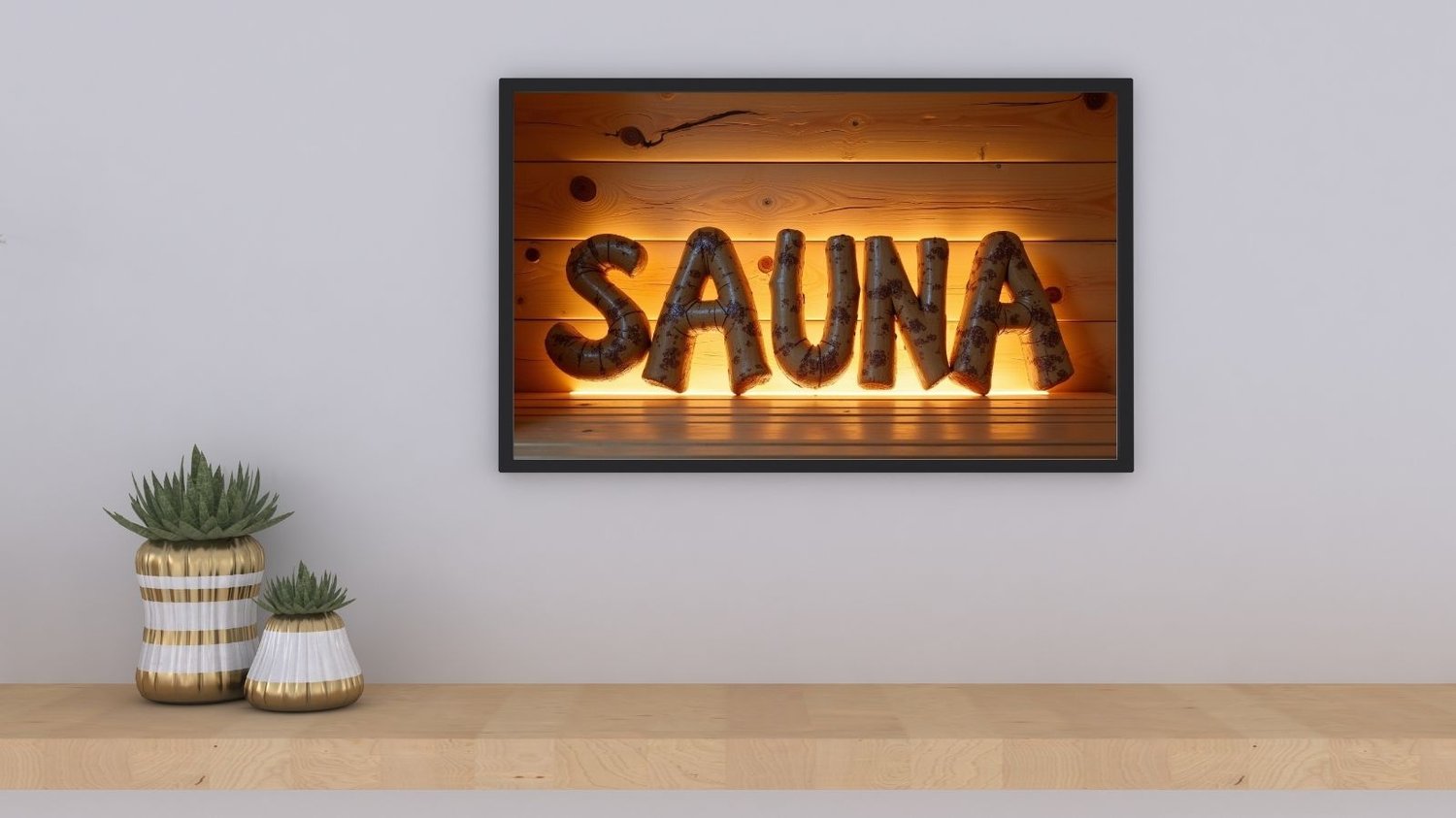 Warm and cozy sauna-themed photo featuring large 3D letters spelling “SAUNA” against a glowing wooden wall. The rustic wood texture and soft amber lighting create a relaxing Nordic atmosphere. Perfect for spa décor, Finnish sauna lovers, or wellness-inspi