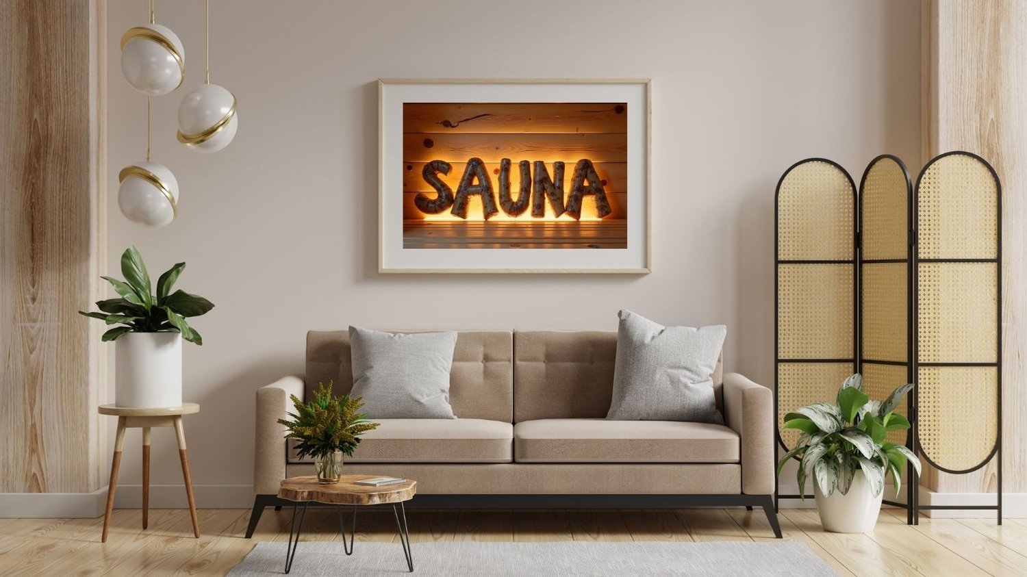 Warm and cozy sauna-themed photo featuring large 3D letters spelling “SAUNA” against a glowing wooden wall. The rustic wood texture and soft amber lighting create a relaxing Nordic atmosphere. Perfect for spa décor, Finnish sauna lovers, or wellness-inspi
