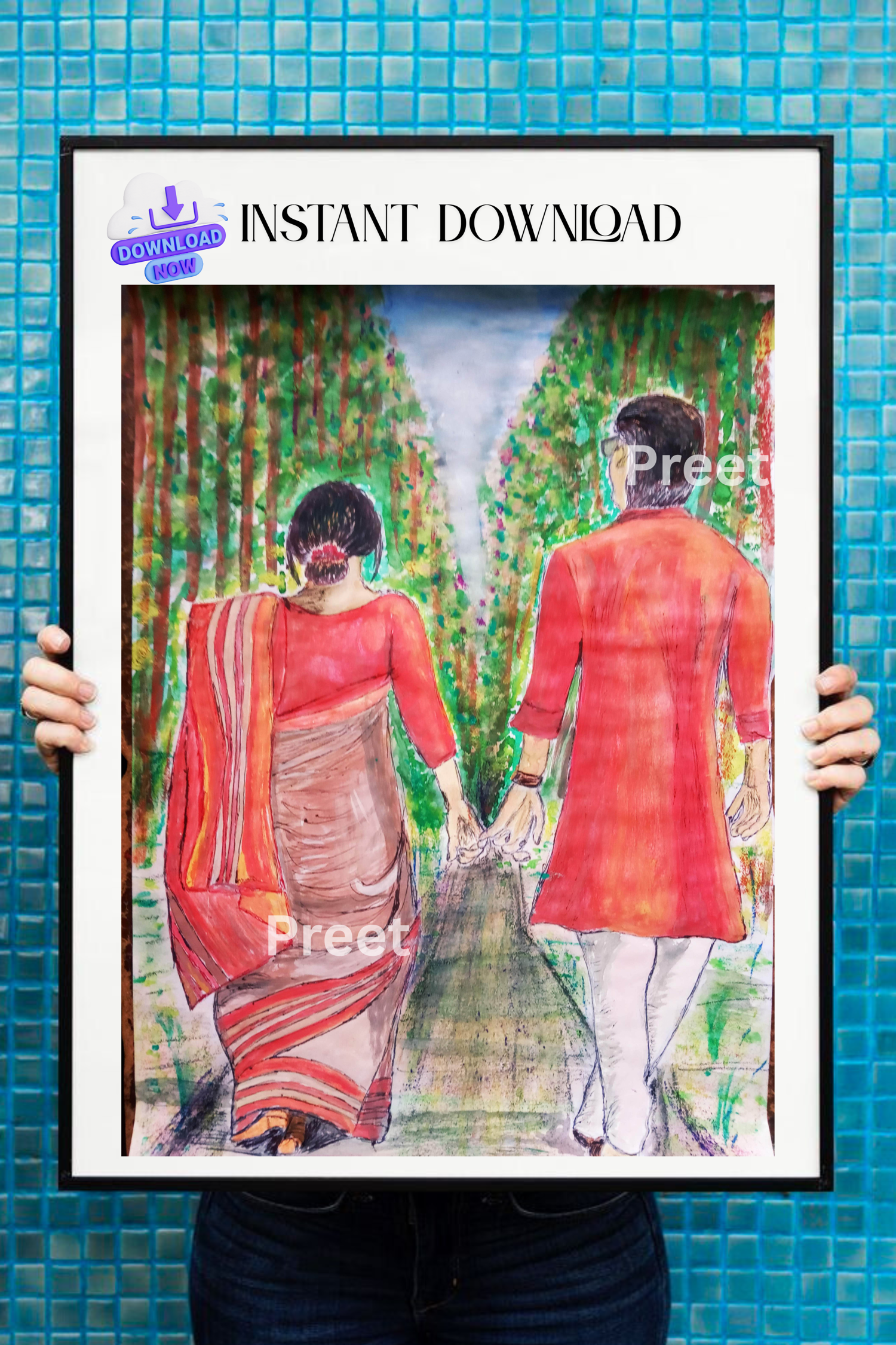 #IndianArt #WatercolorLove #CoupleWallArt #DigitalDownloadArt #PrintableLoveGift #IndianCouple #TraditionalArt #HandmadeWatercolor #ArtistWall #RomanticDecor #IndianWeddingGift #EternalLove #NatureWalkArt #InstantDownload